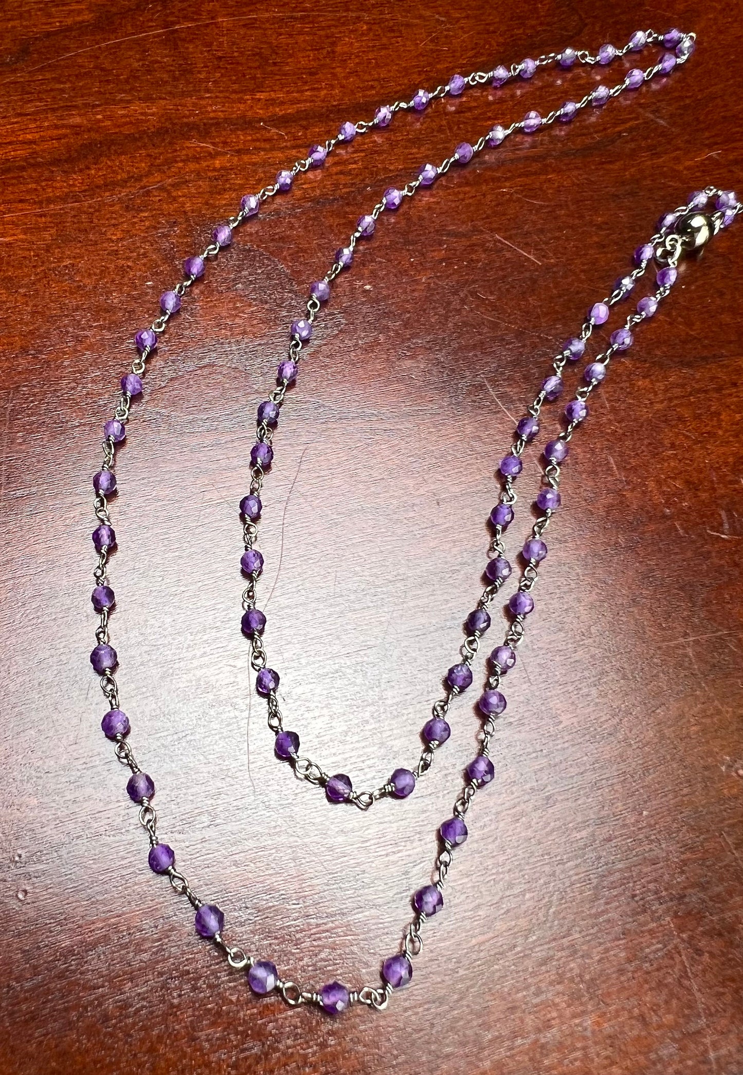 Natural Amethyst 3- 3.5mm faceted rosary chain black oxidized wire wrapped wrap around bracelet or necklace with small mag clasp