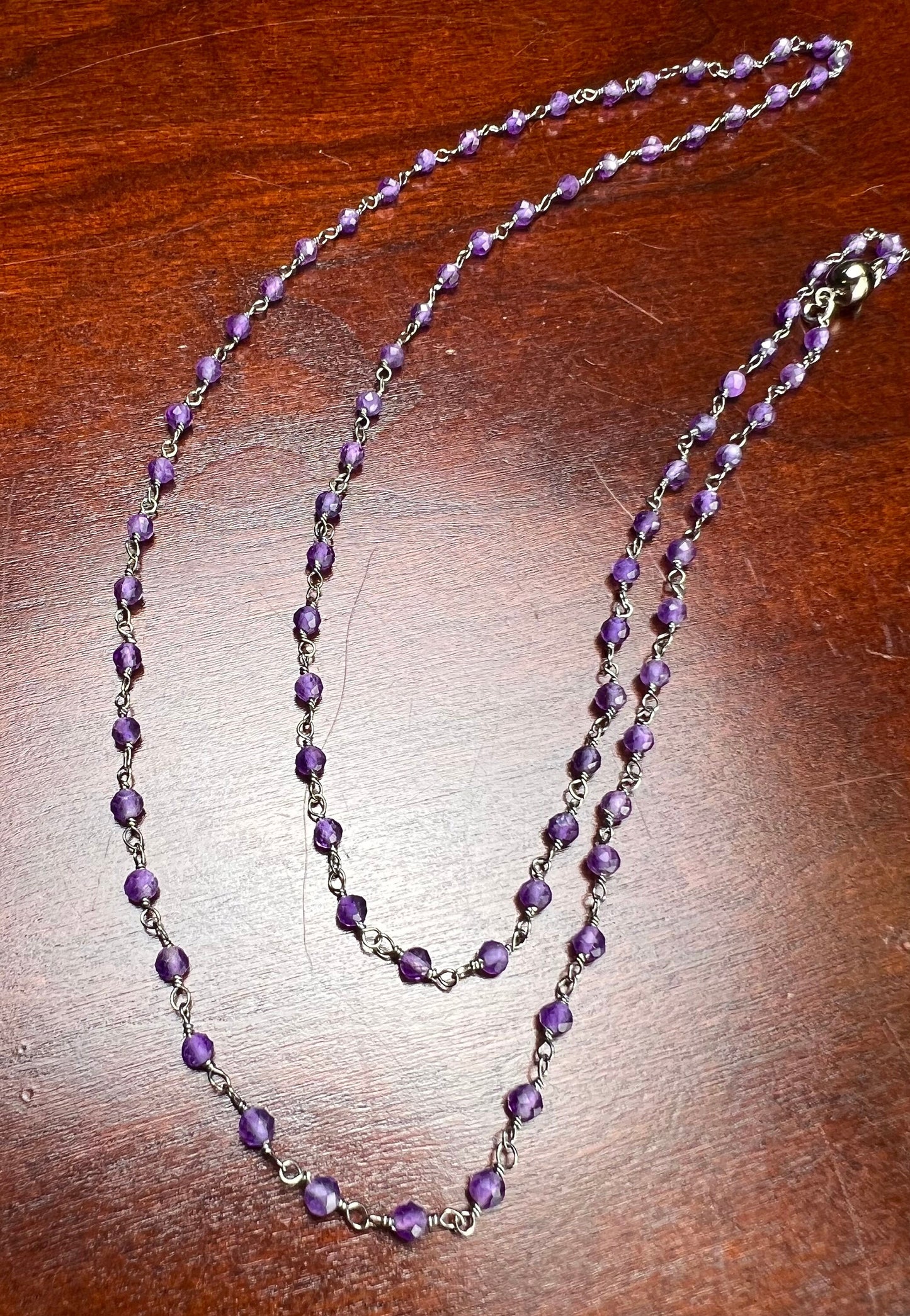 Natural Amethyst 3- 3.5mm faceted rosary chain black oxidized wire wrapped wrap around bracelet or necklace with small mag clasp