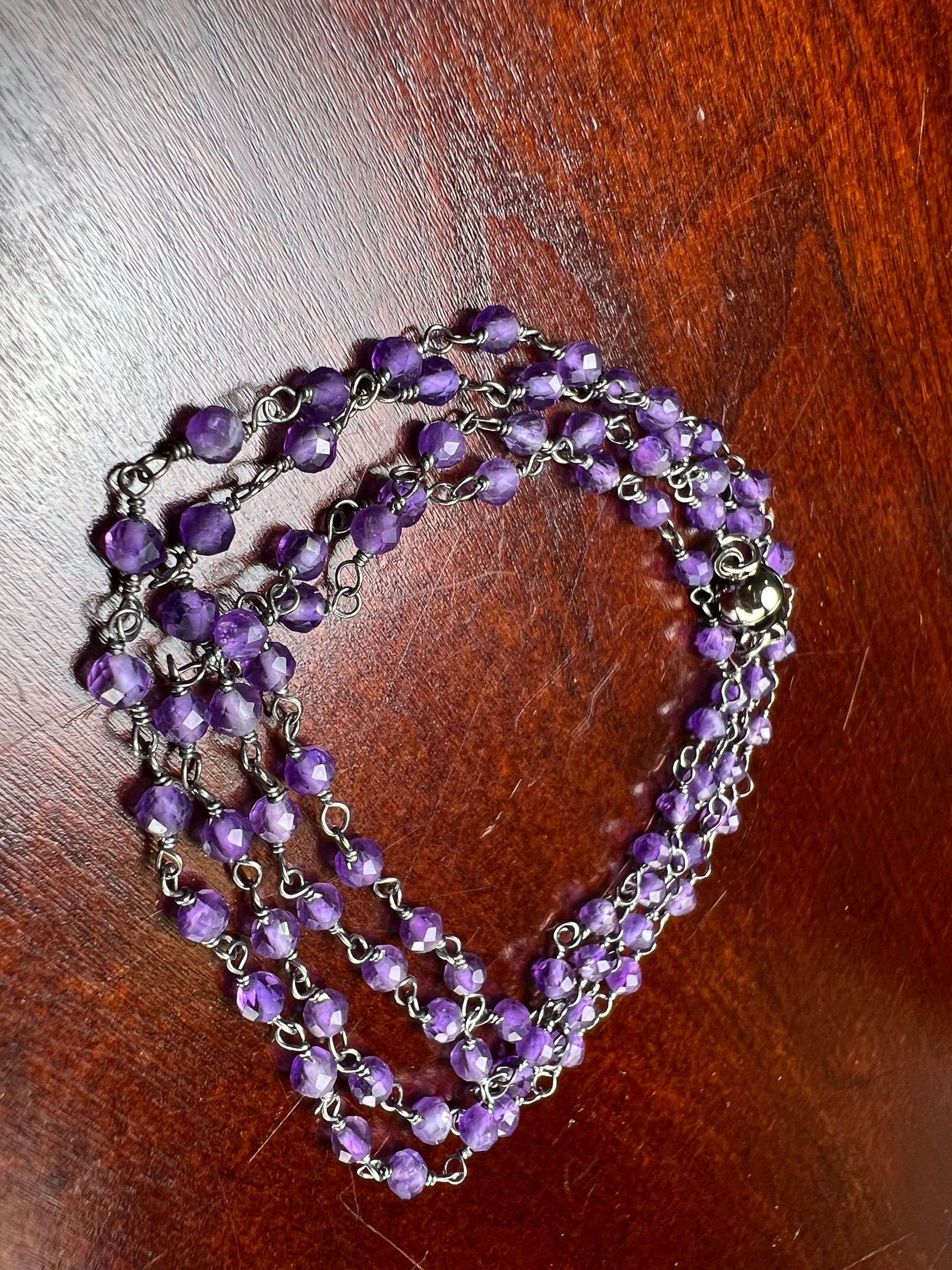 Natural Amethyst 3- 3.5mm faceted rosary chain black oxidized wire wrapped wrap around bracelet or necklace with small mag clasp