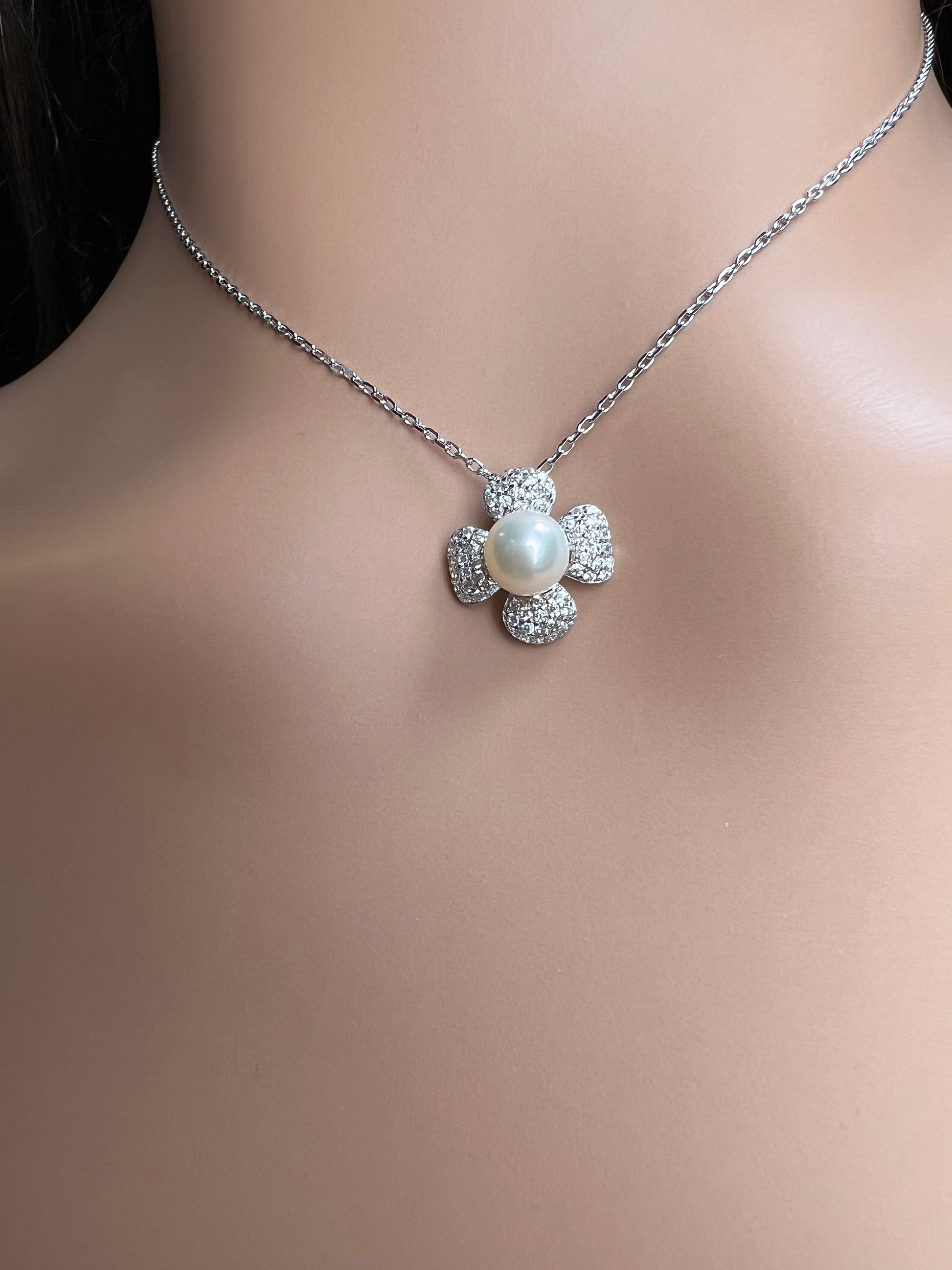 925 Sterling Silver CZ Diamond freshwater Pearl flower pendant with Sterling Silver Chain Necklace gift ,925 stamped 16” extend to 18”