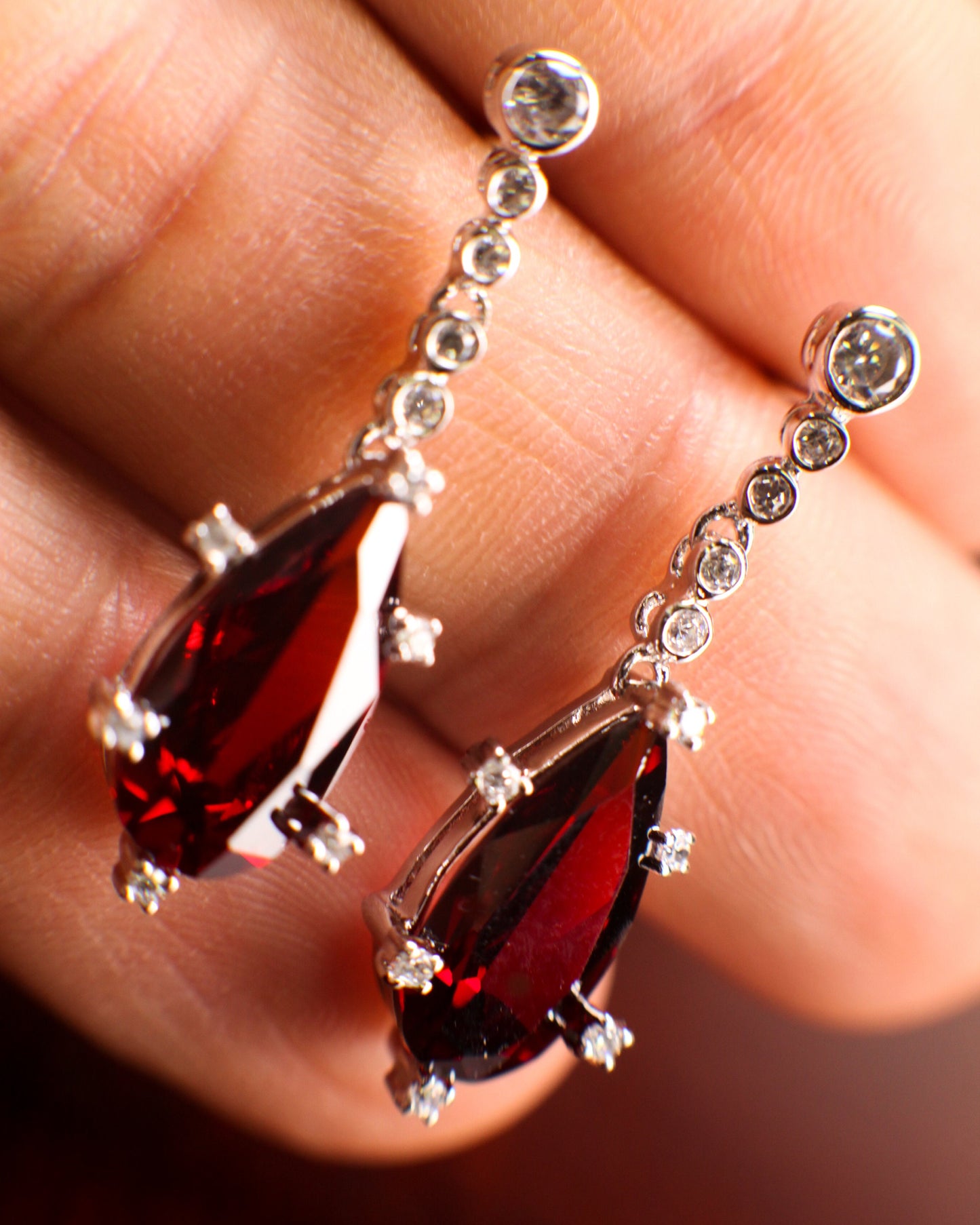 Genuine Garnet Merlot Red 925 sterling silver Teardrop 10x19mm prong CZ diamond around Post Earrings,Bridal, valentines Holiday Gift,