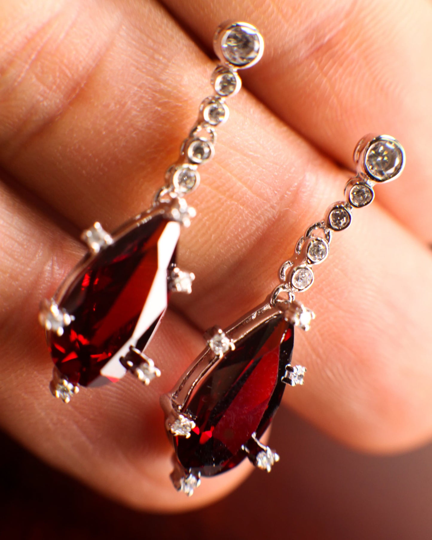 Genuine Garnet Merlot Red 925 sterling silver Teardrop 10x19mm prong CZ diamond around Post Earrings,Bridal, valentines Holiday Gift,