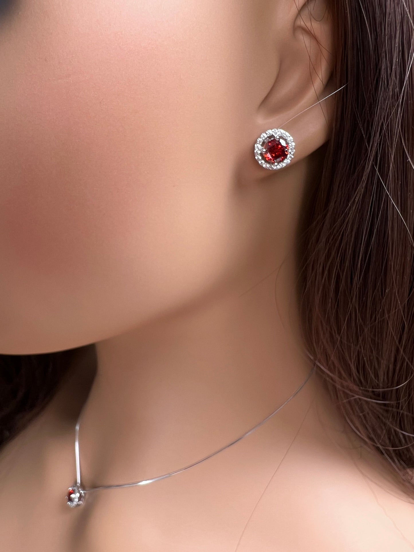 Genuine Garnet with CZ Round diamond setting 925 sterling silver post earrings and pendant jewelry set