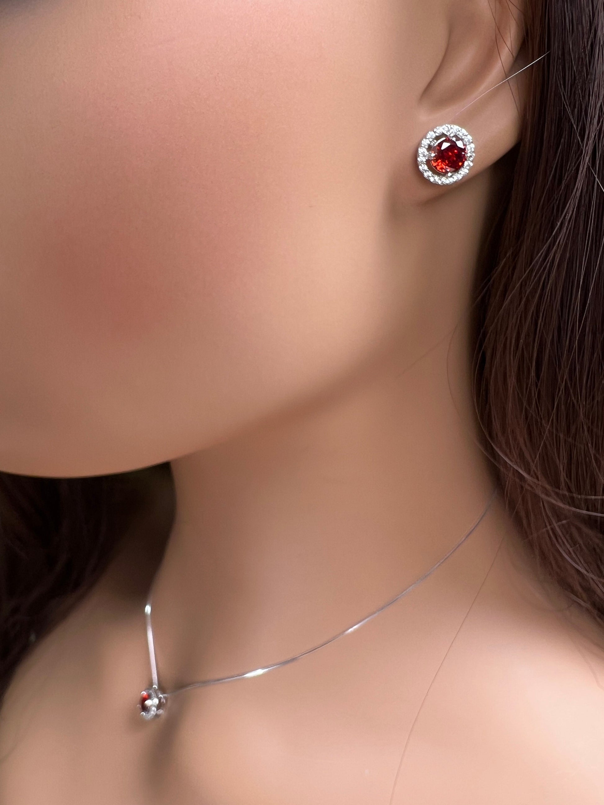 Genuine Garnet with CZ Round diamond setting 925 sterling silver post earrings and pendant jewelry set