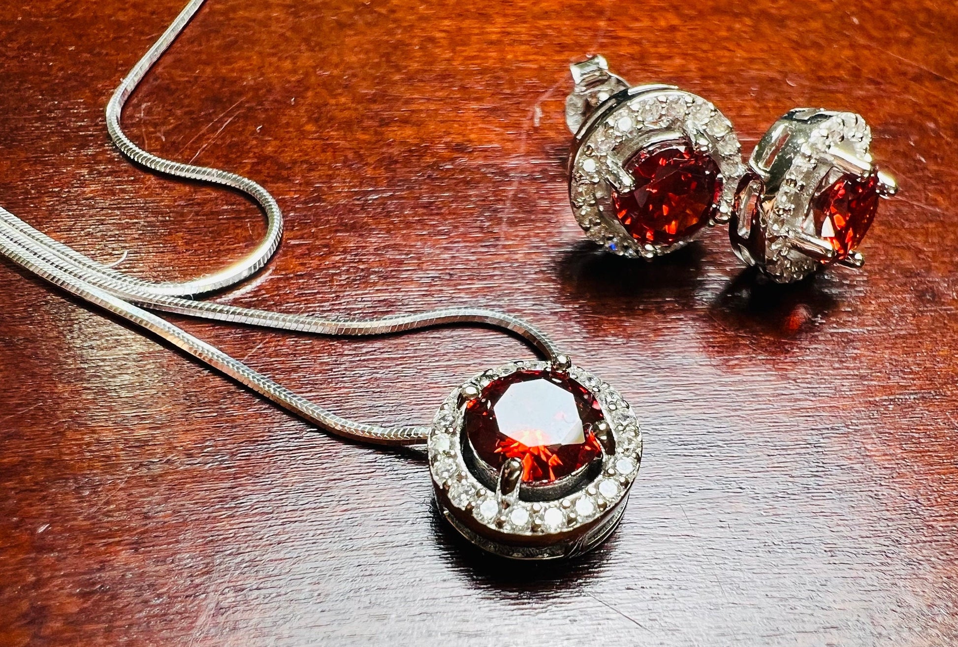 Genuine Garnet with CZ Round Diamond setting 925 Sterling Silver post earrings and pendant jewelry set