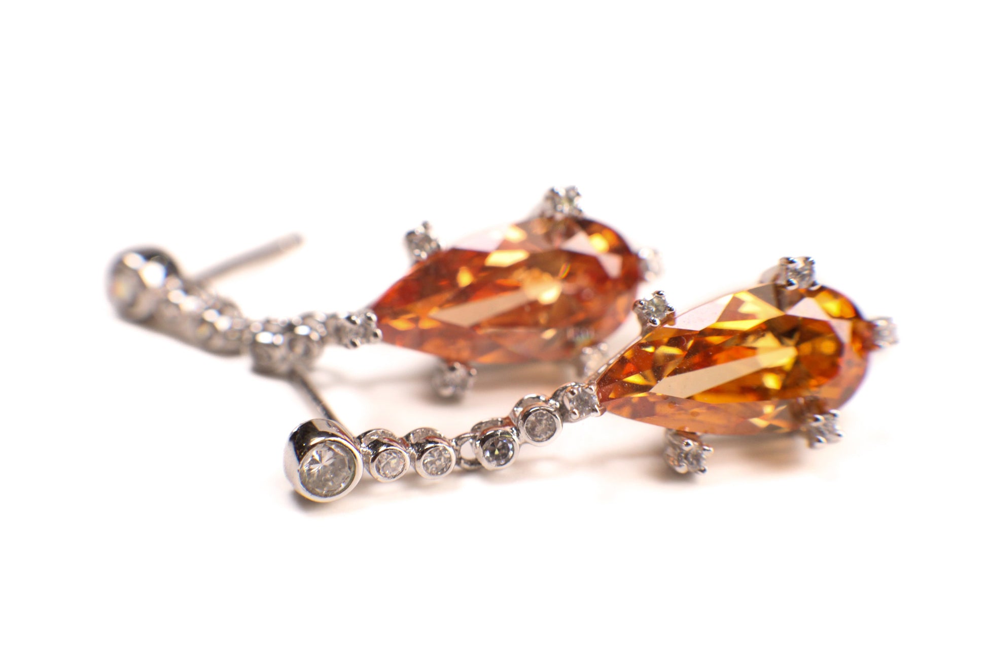 Genuine Orange Imperial Topaz Long Teardrop 10x19mm prong setting with Cubic Zirconia Post Earrings, Bridal, Boho, valentines Holiday Gift,