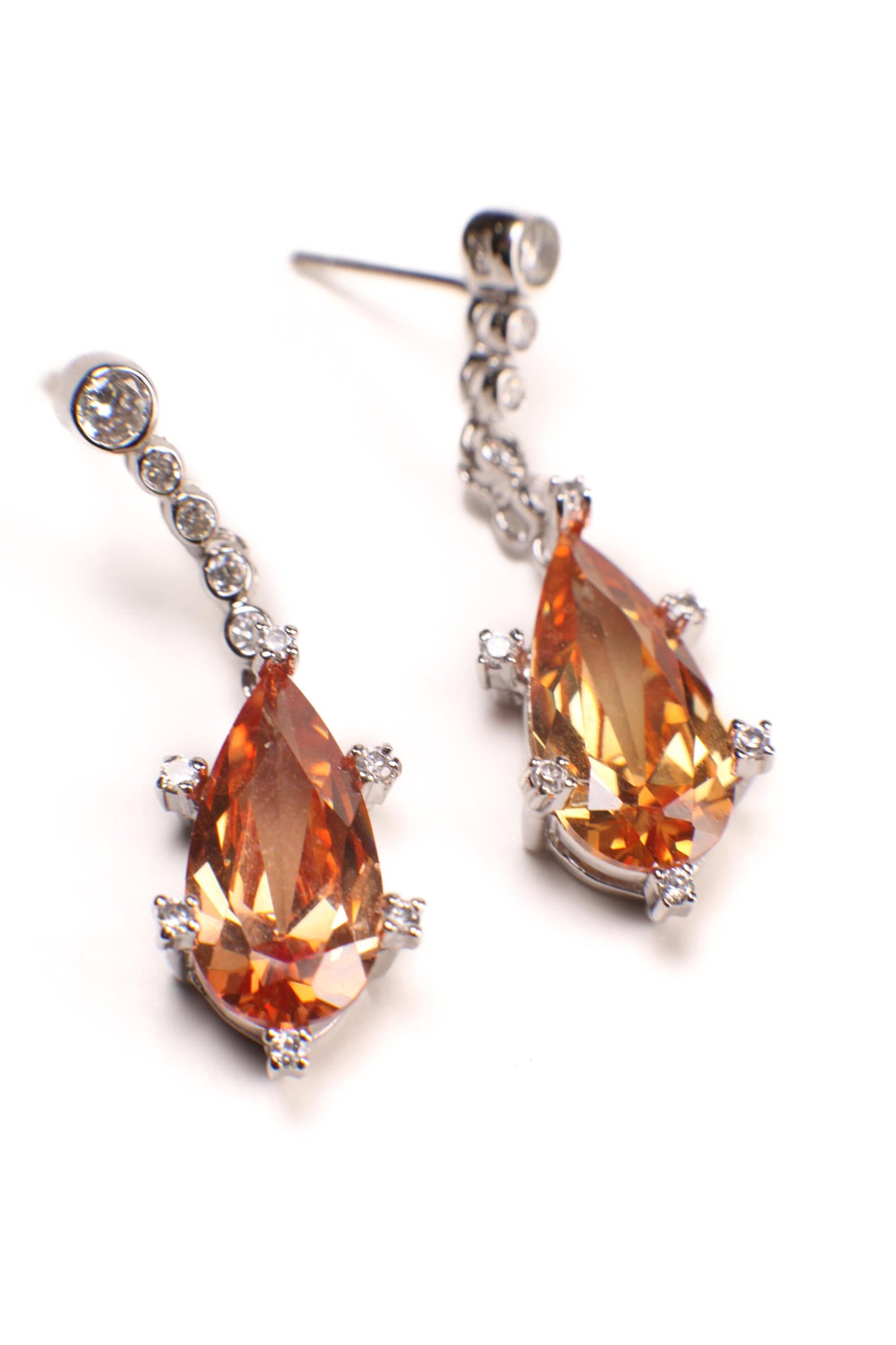 Genuine Orange Imperial Topaz Long Teardrop 10x19mm prong setting with Cubic Zirconia Post Earrings, Bridal, Boho, valentines Holiday Gift,