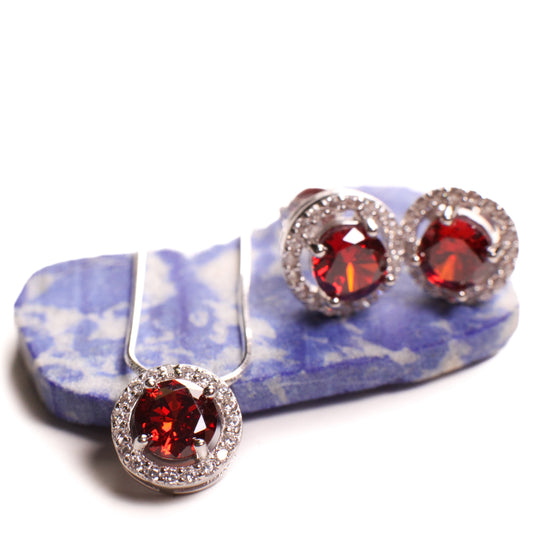 Genuine Garnet with CZ Round diamond setting 925 sterling silver post earrings and pendant jewelry set