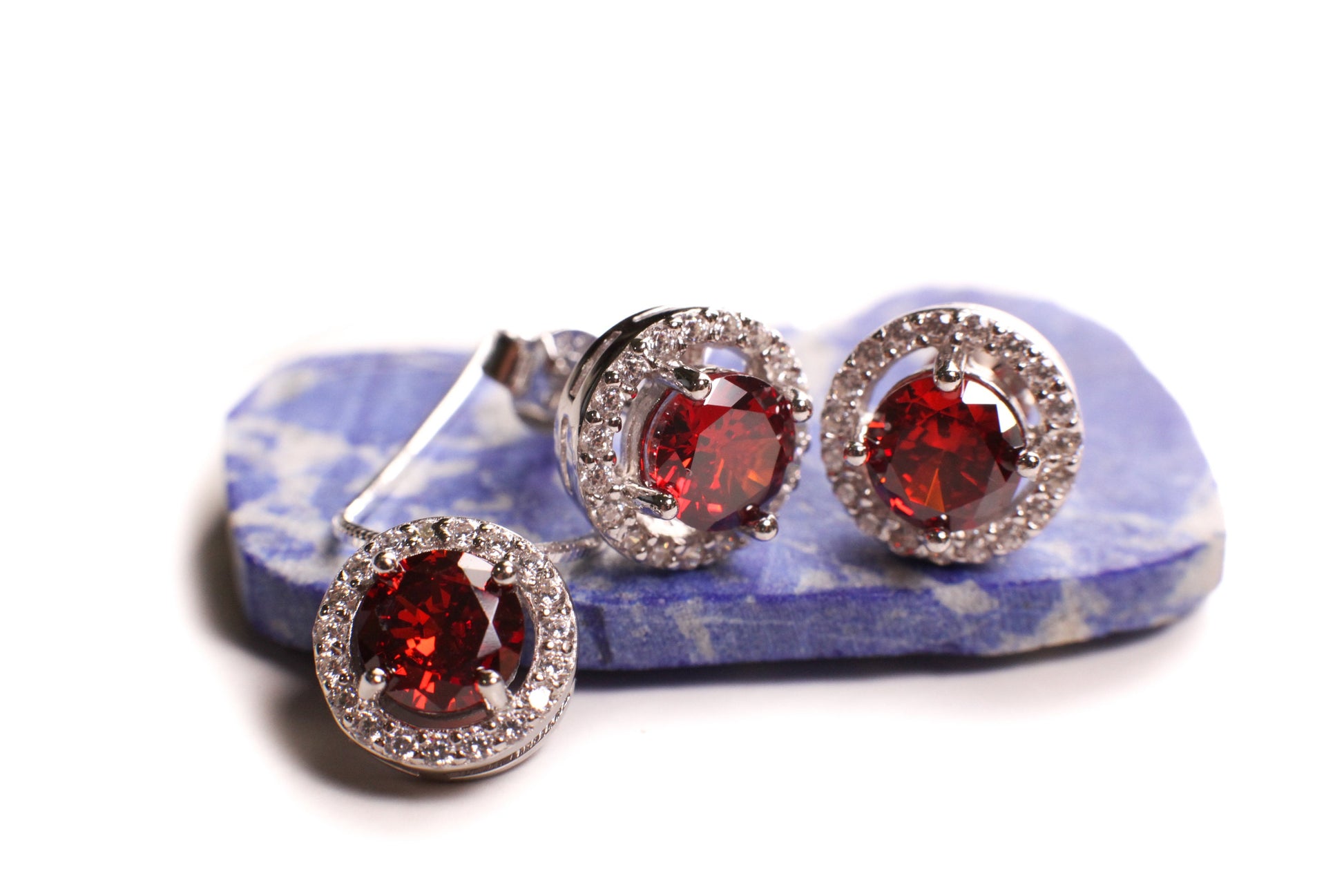 Genuine Garnet with CZ Round diamond setting 925 sterling silver post earrings and pendant jewelry set