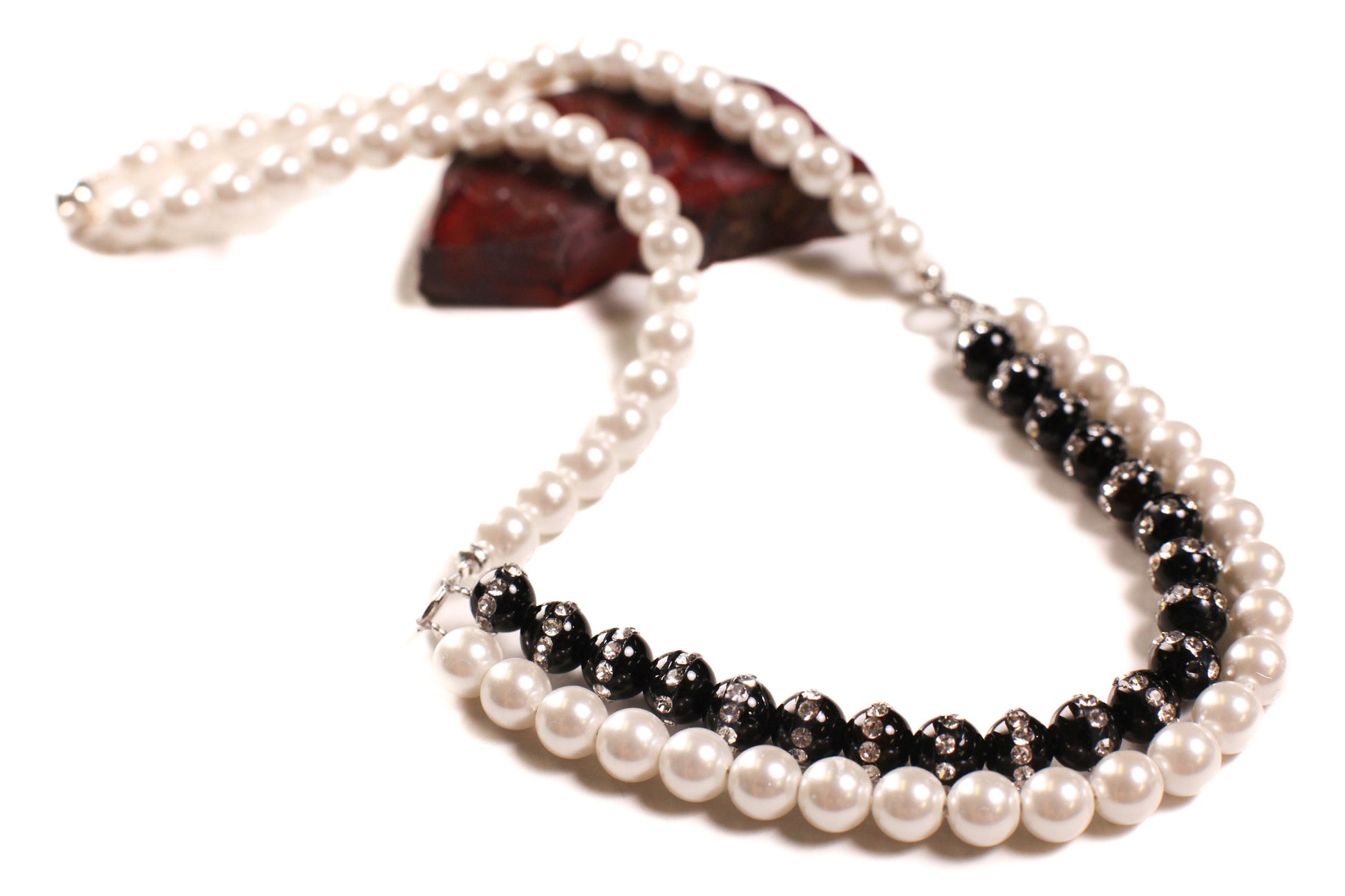 Genuine Black Onyx 6mm Rhinestone Inlaid, South Sea Seashell Pearl 6mm White double line front necklace. Elegant Gift for Her