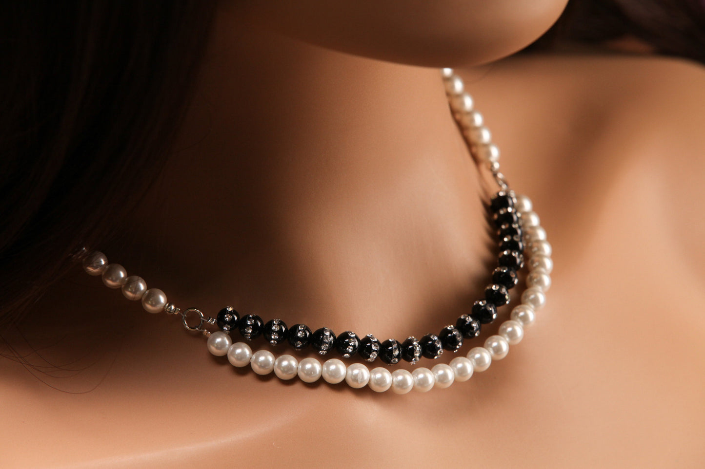 Genuine Black Onyx 6mm Rhinestone Inlaid, South Sea Seashell Pearl 6mm White double line front necklace. Elegant Gift for Her