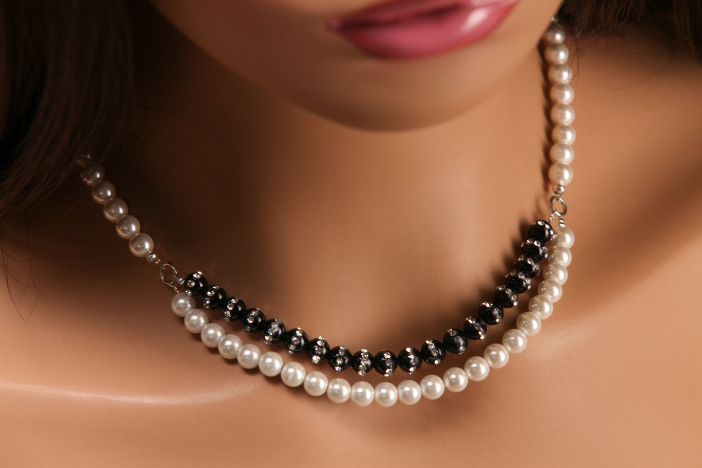 Genuine Black Onyx 6mm Rhinestone Inlaid, South Sea Seashell Pearl 6mm White double line front necklace. Elegant Gift for Her