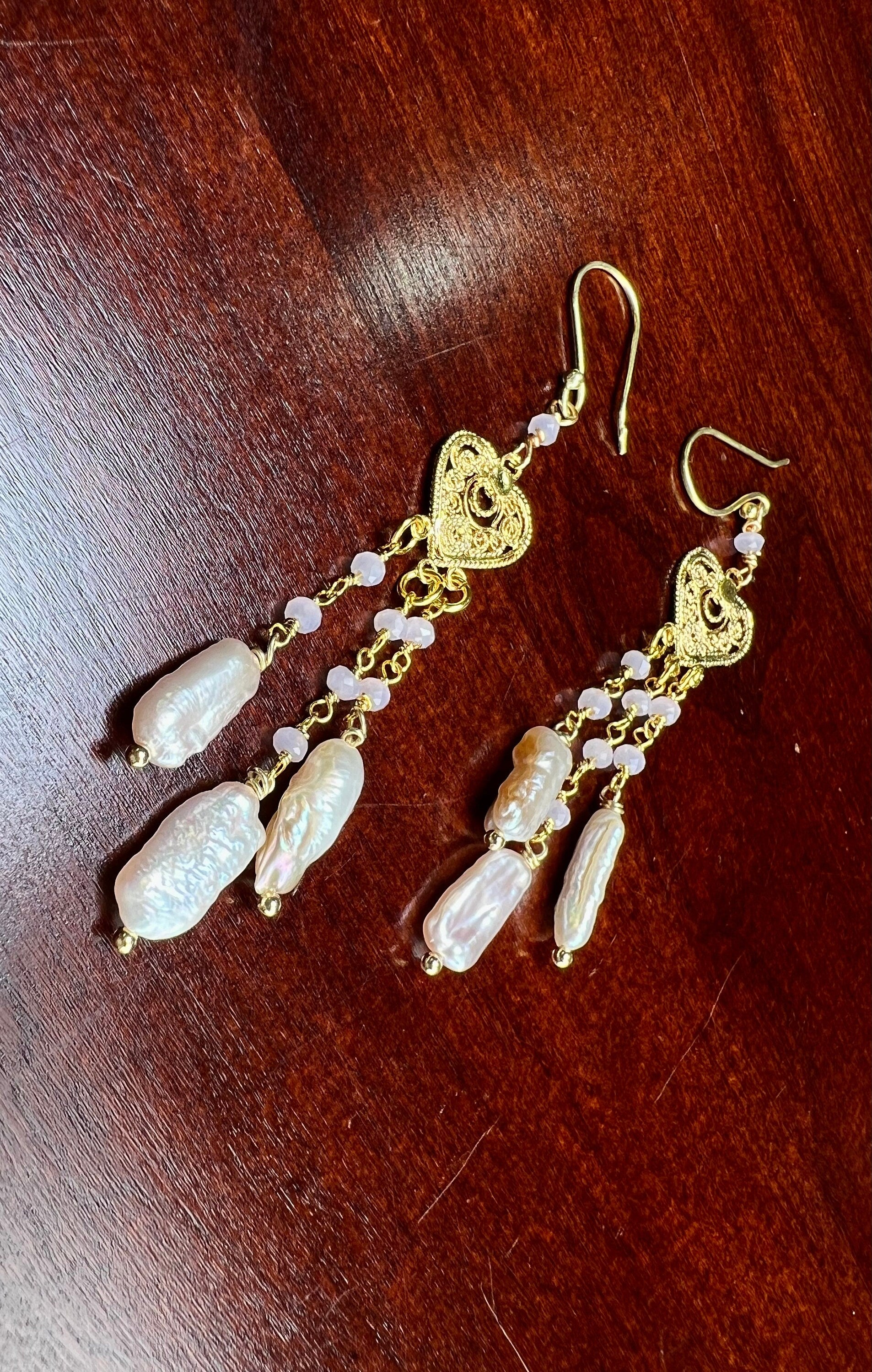 Freshwater Biwa stick pearl soft pink dangling with Rise Quartz beaded heart shape chandelier 18k gold vermeil earrings.