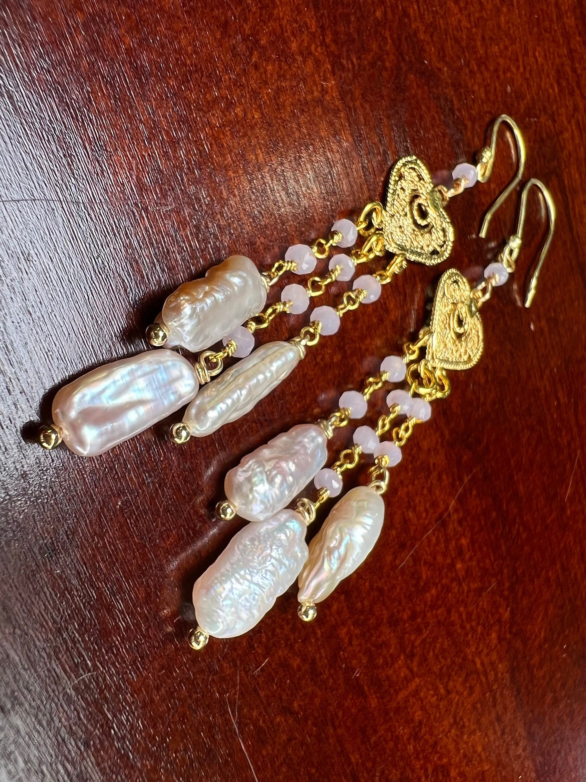 Freshwater Biwa stick pearl soft pink dangling with Rise Quartz beaded heart shape chandelier 18k gold vermeil earrings.