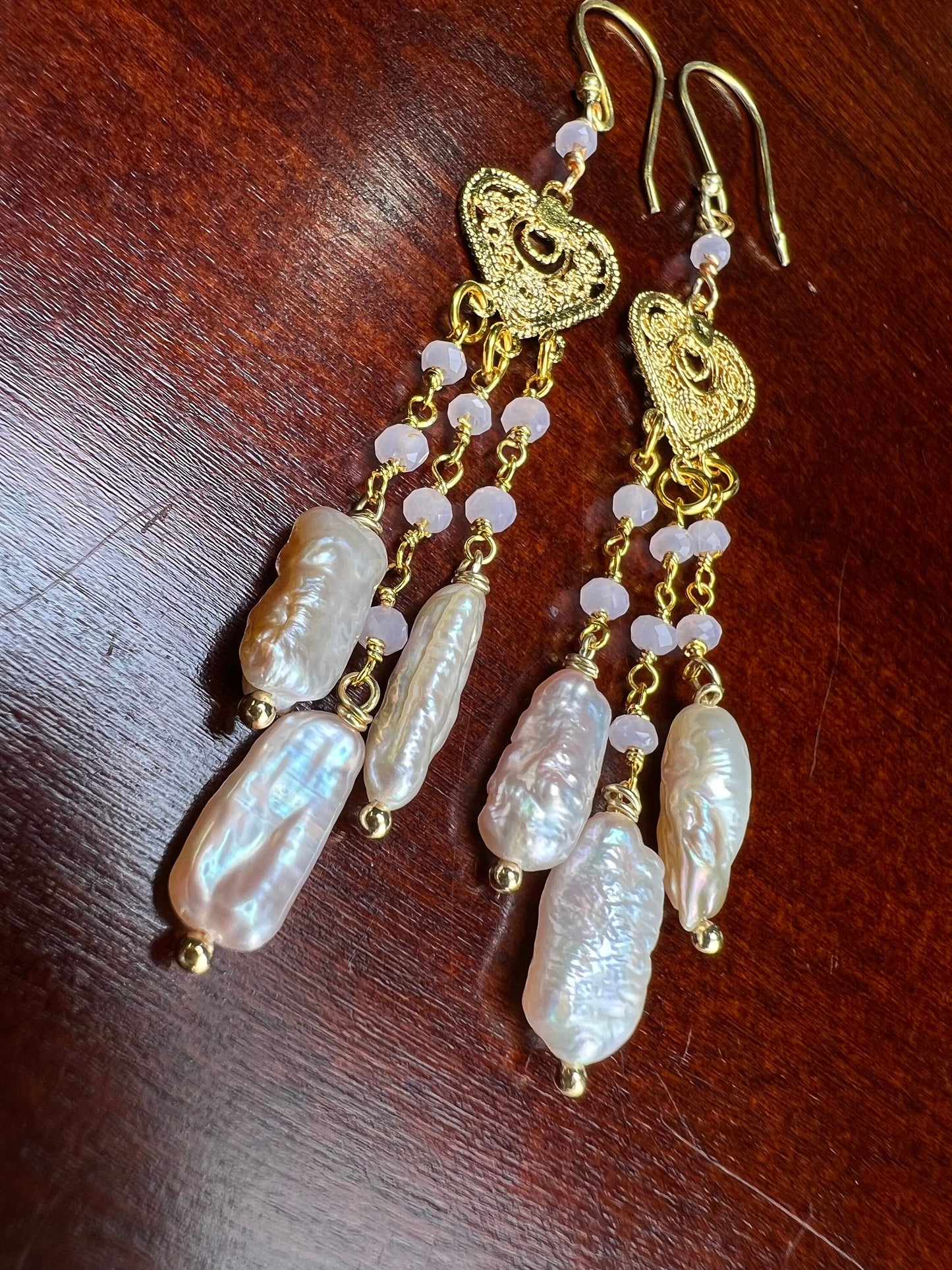 Freshwater Biwa stick pearl soft pink dangling with Rise Quartz beaded heart shape chandelier 18k gold vermeil earrings.