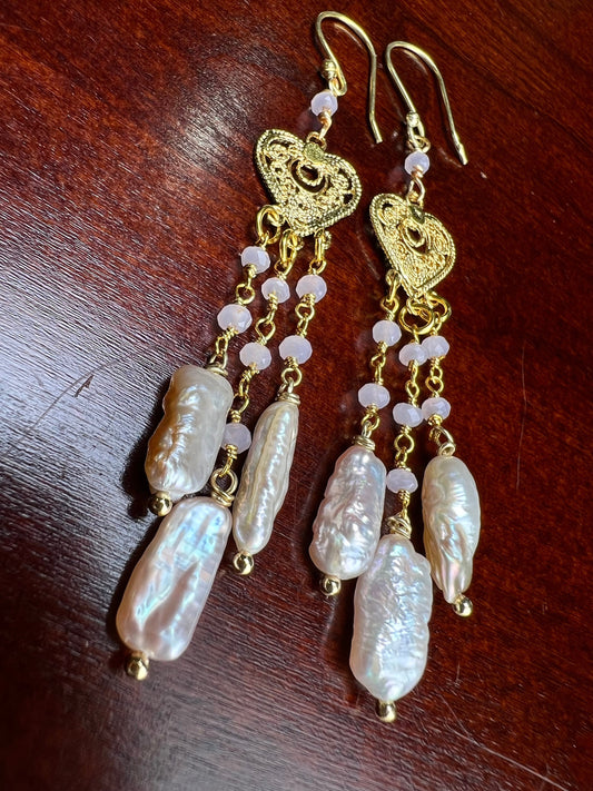 Freshwater Biwa stick pearl soft pink dangling with Rise Quartz beaded heart shape chandelier 18k gold vermeil earrings.