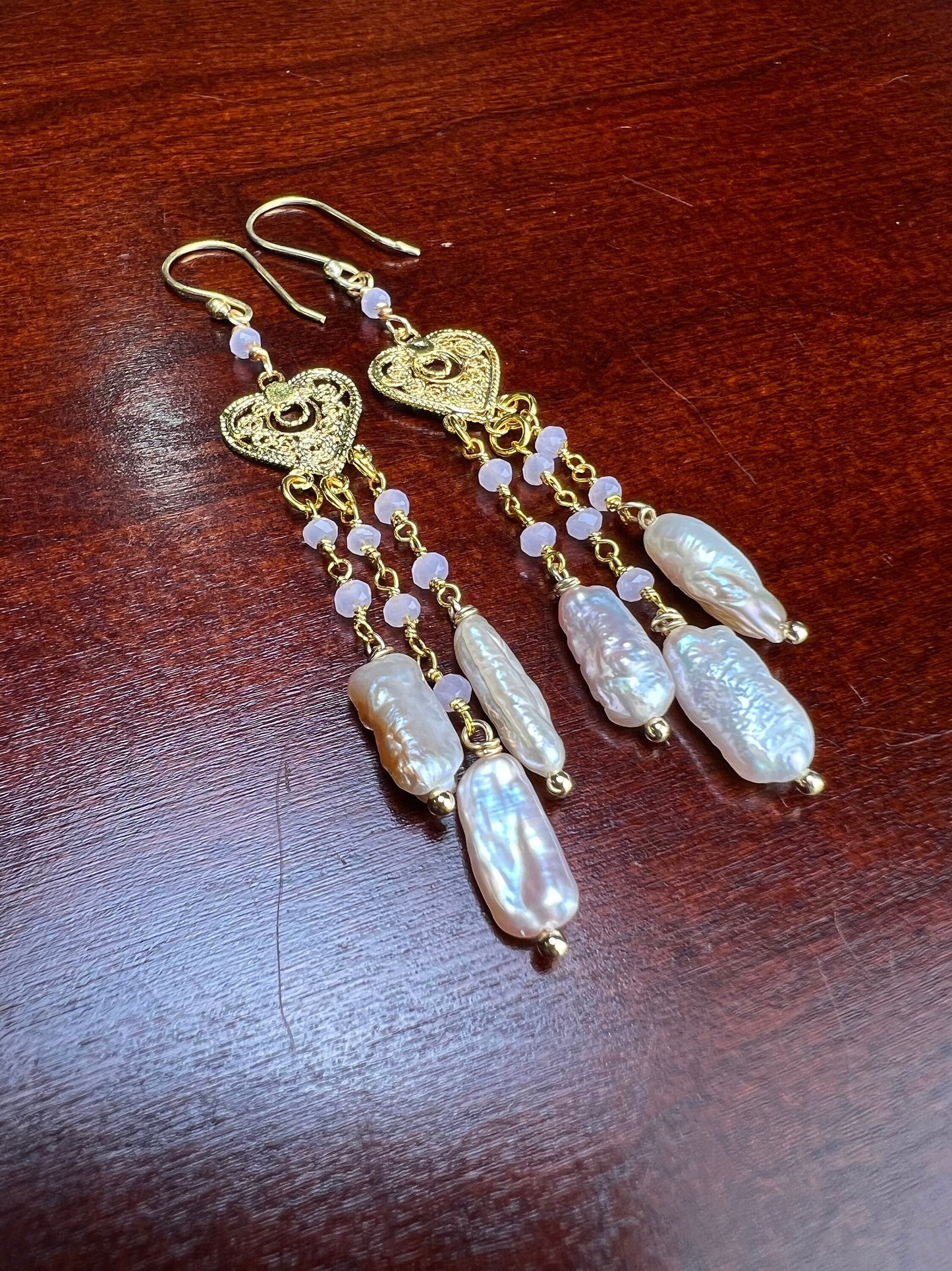 Freshwater Biwa stick pearl soft pink dangling with Rise Quartz beaded heart shape chandelier 18k gold vermeil earrings.