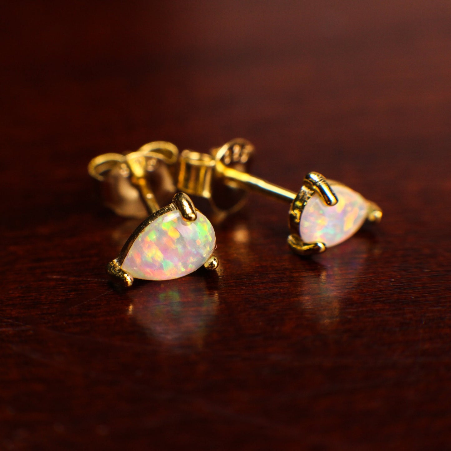 Ethiopian Fire Opal, Welo Opal, 5x7mm Teardrop Stud Earrings in 18k Gold Vermeil, AAA Quality Fiery Welo Opal Dainty Elegant Earrings