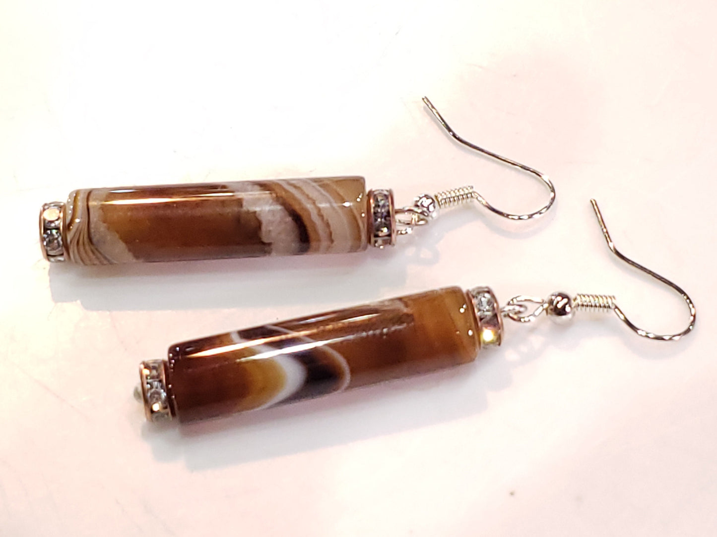 Natural Banded stripe Agate Tube 8x30mm long Earrings, Soothing, Harmony, Handmade Gift