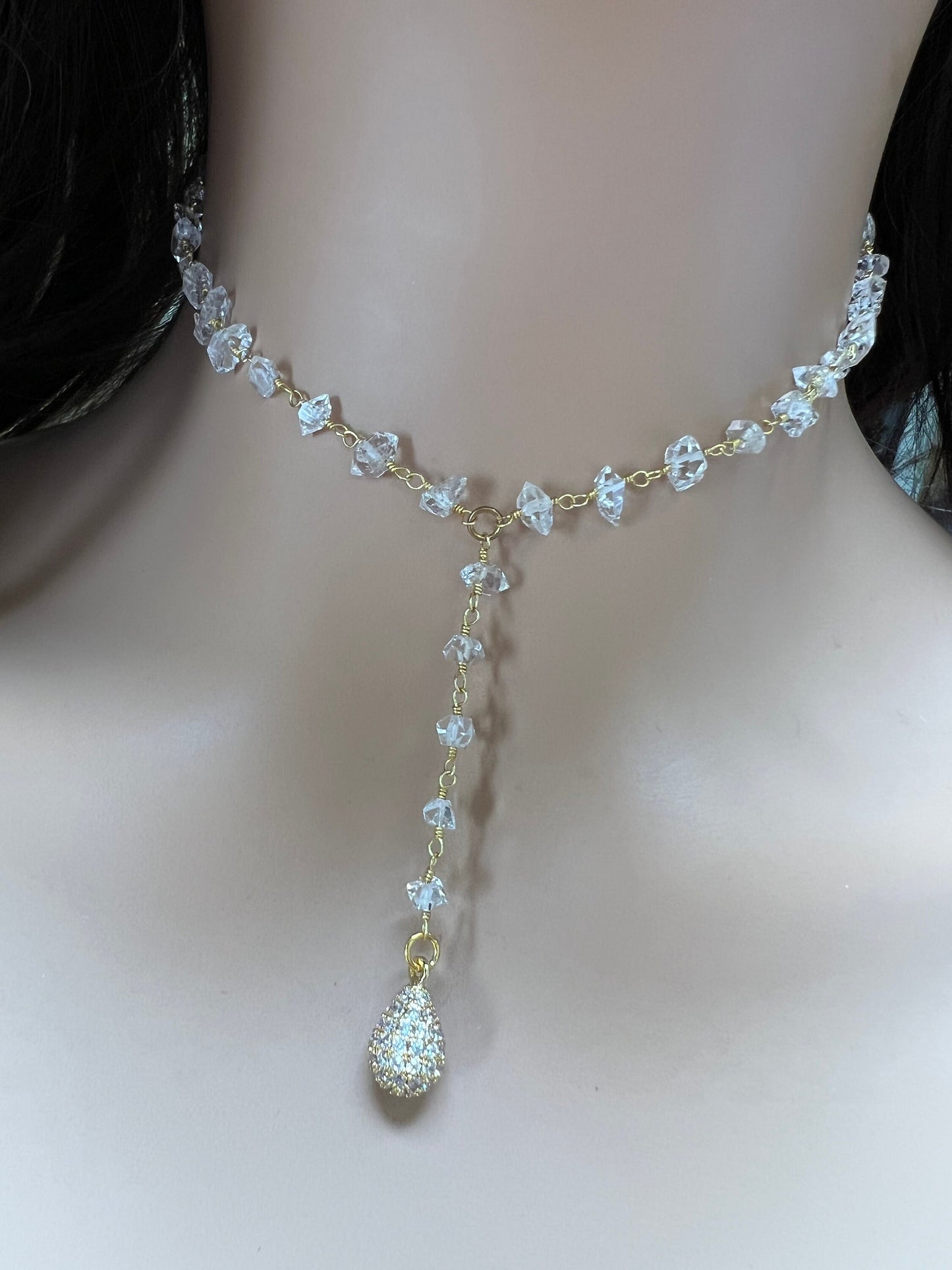 Herkimer Diamond 4x5.5-6.5mm Raw Beaded Wire Wrap with CZ diamond water drop Y Necklace Sparkly Clear AAA High Quality Herkimer Diamond