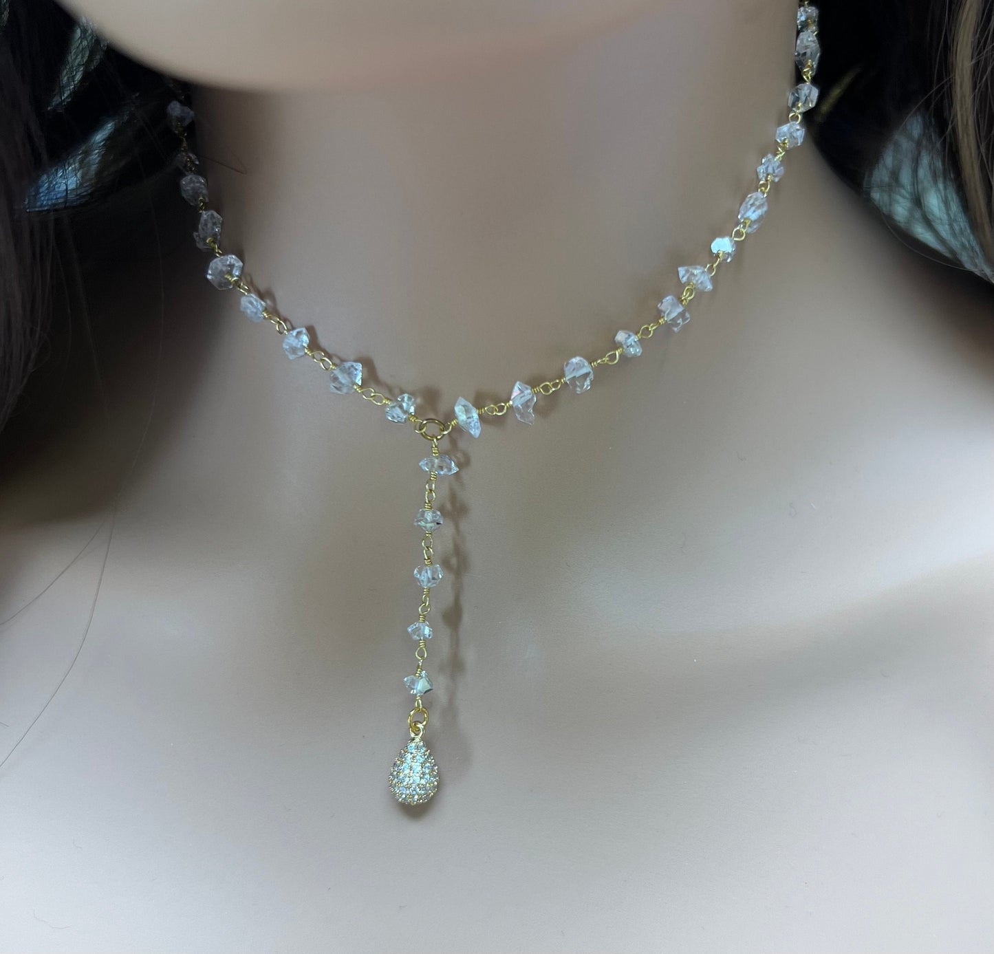 Herkimer Diamond 4x5.5-6.5mm Raw Beaded Wire Wrap with CZ diamond water drop Y Necklace Sparkly Clear AAA High Quality Herkimer Diamond