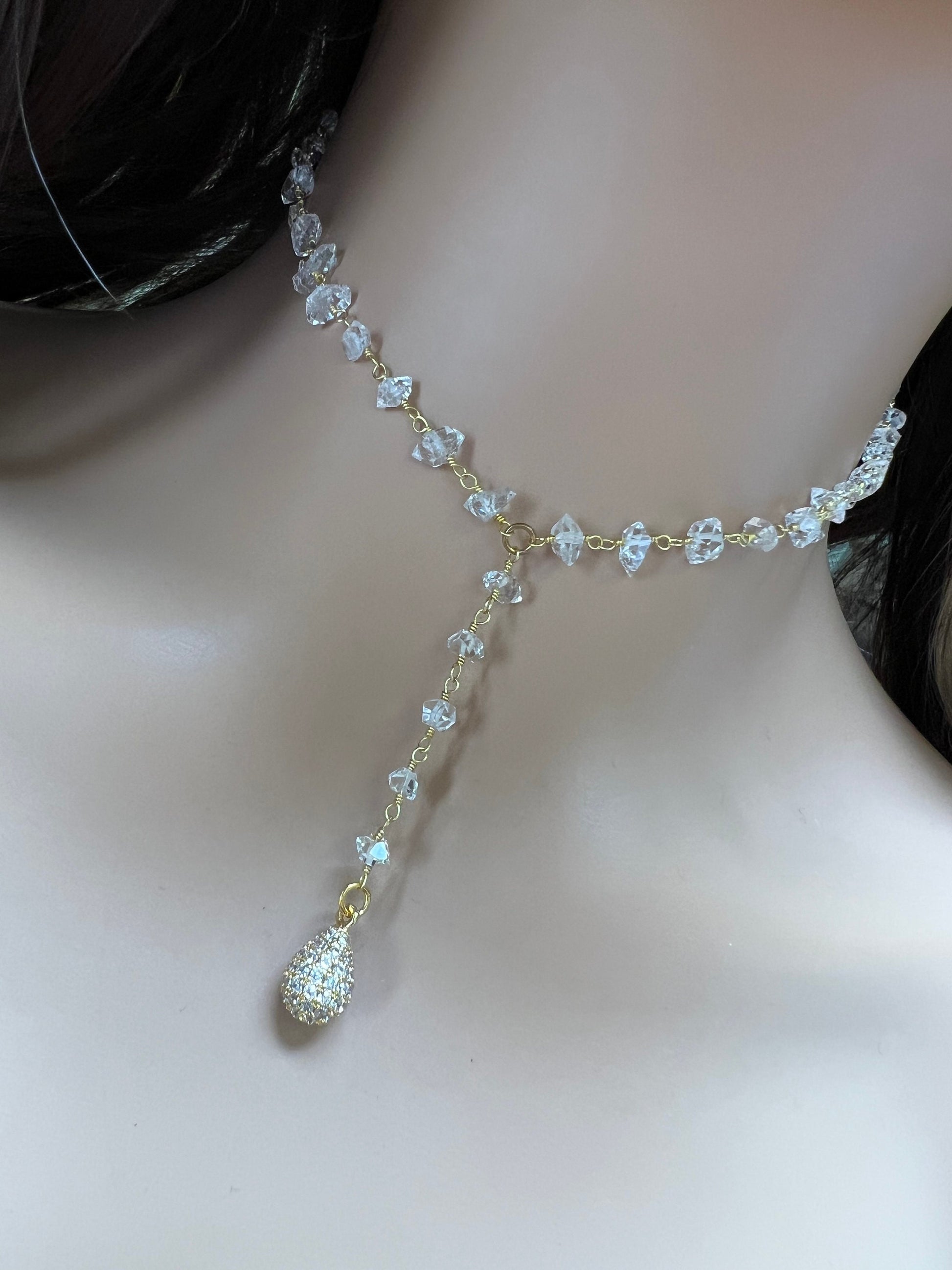 Herkimer Diamond 4x5.5-6.5mm Raw Beaded Wire Wrap with CZ diamond water drop Y Necklace Sparkly Clear AAA High Quality Herkimer Diamond