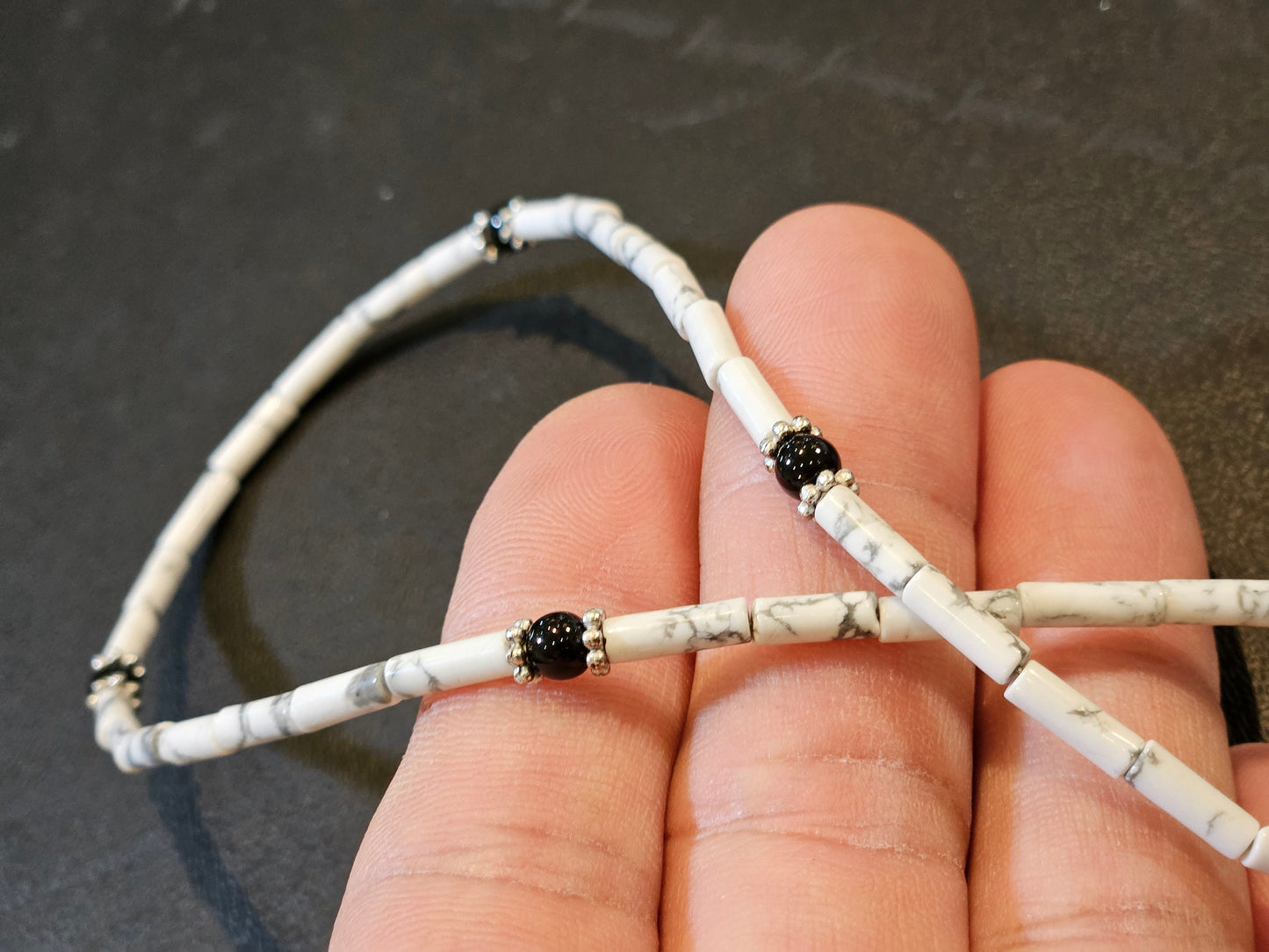 Natural White Howlite smooth Tube 4x13mm with Black Onyx Silver Bali Style Spacers rhodium silver lobster clasp Necklace for Men and woman