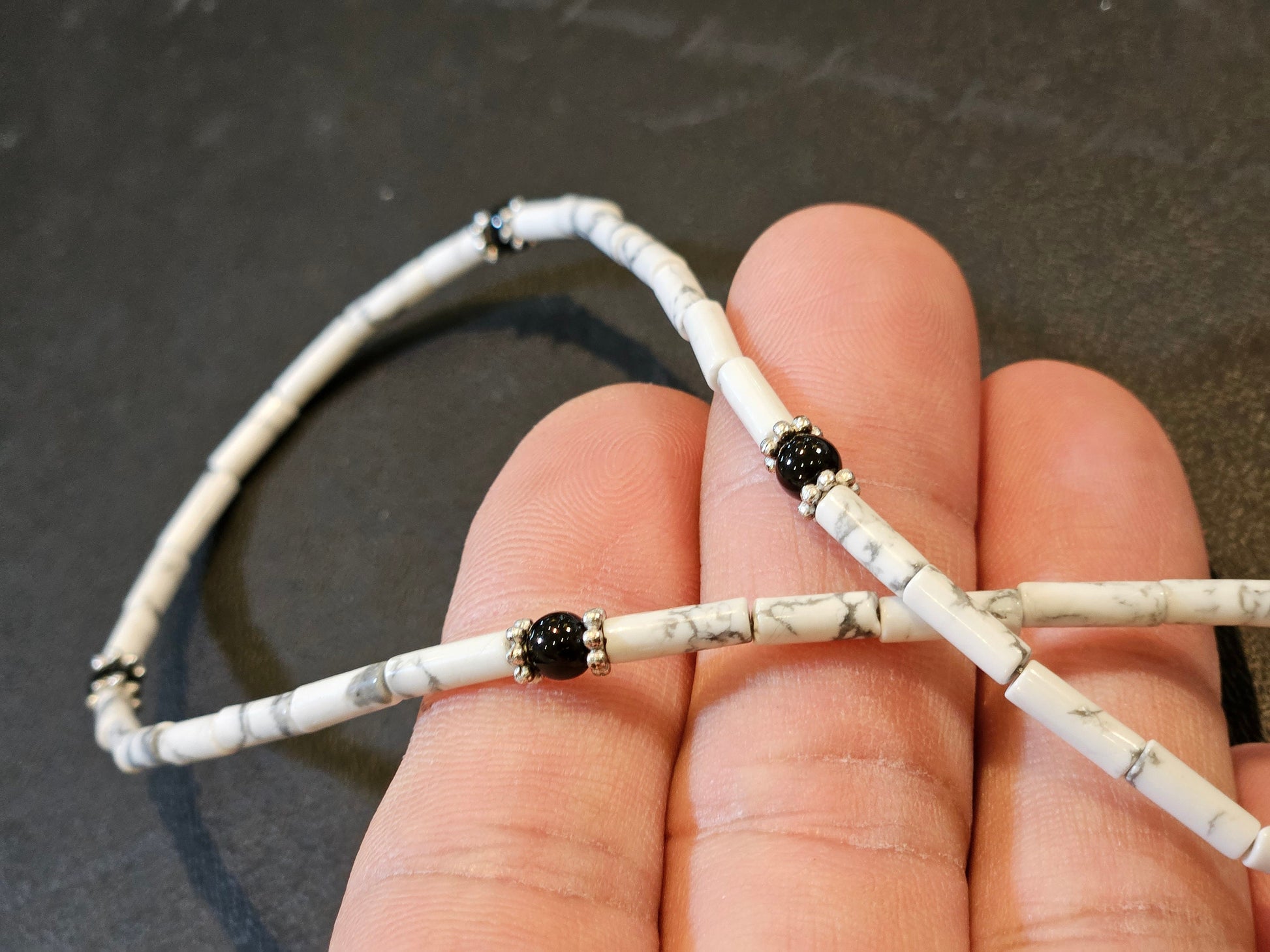 Natural White Howlite smooth Tube 4x13mm with Black Onyx Silver Bali Style Spacers rhodium silver lobster clasp Necklace for Men and woman