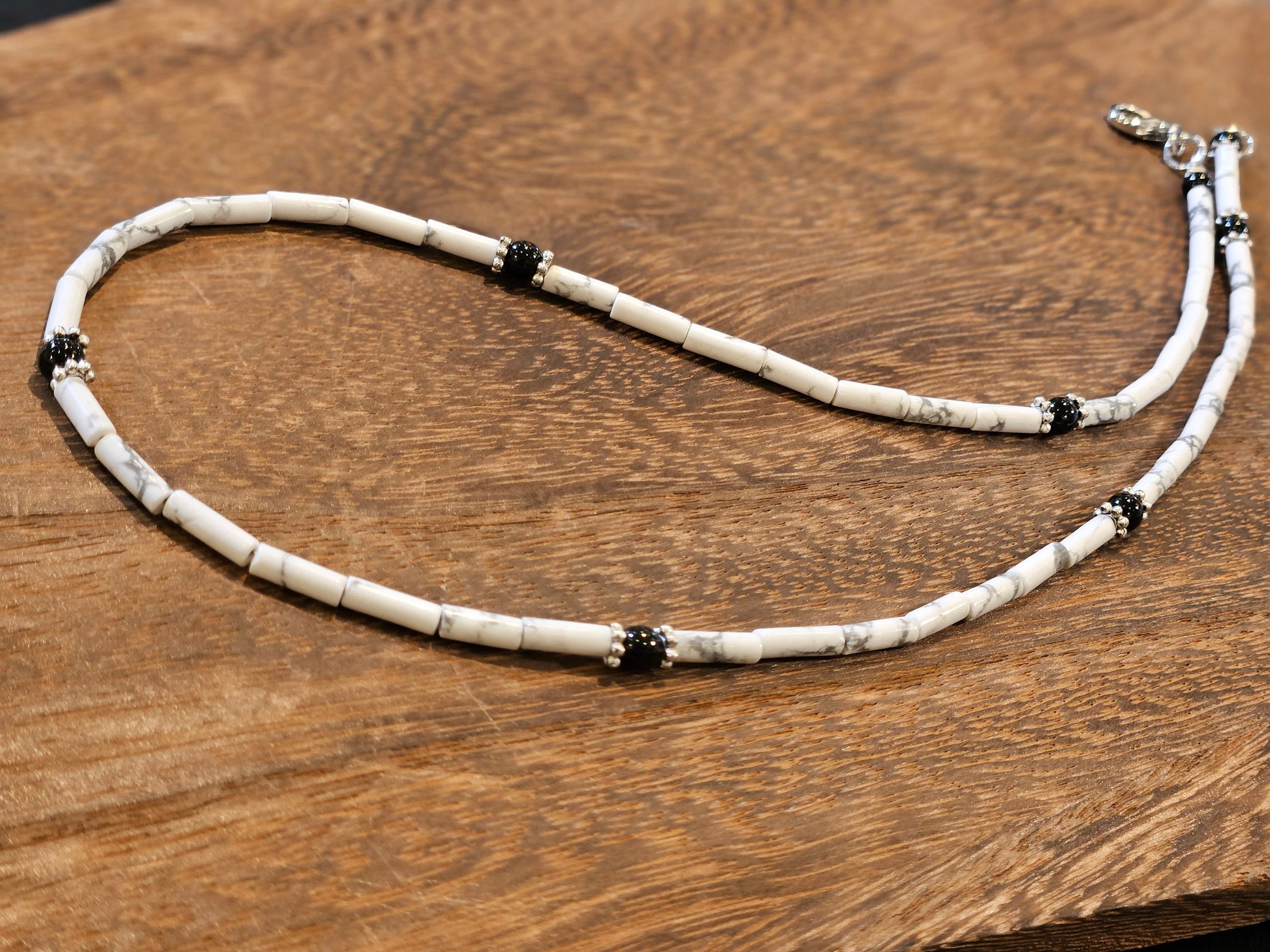 Natural White Howlite smooth Tube 4x13mm with Black Onyx Silver Bali Style Spacers rhodium silver lobster clasp Necklace for Men and woman