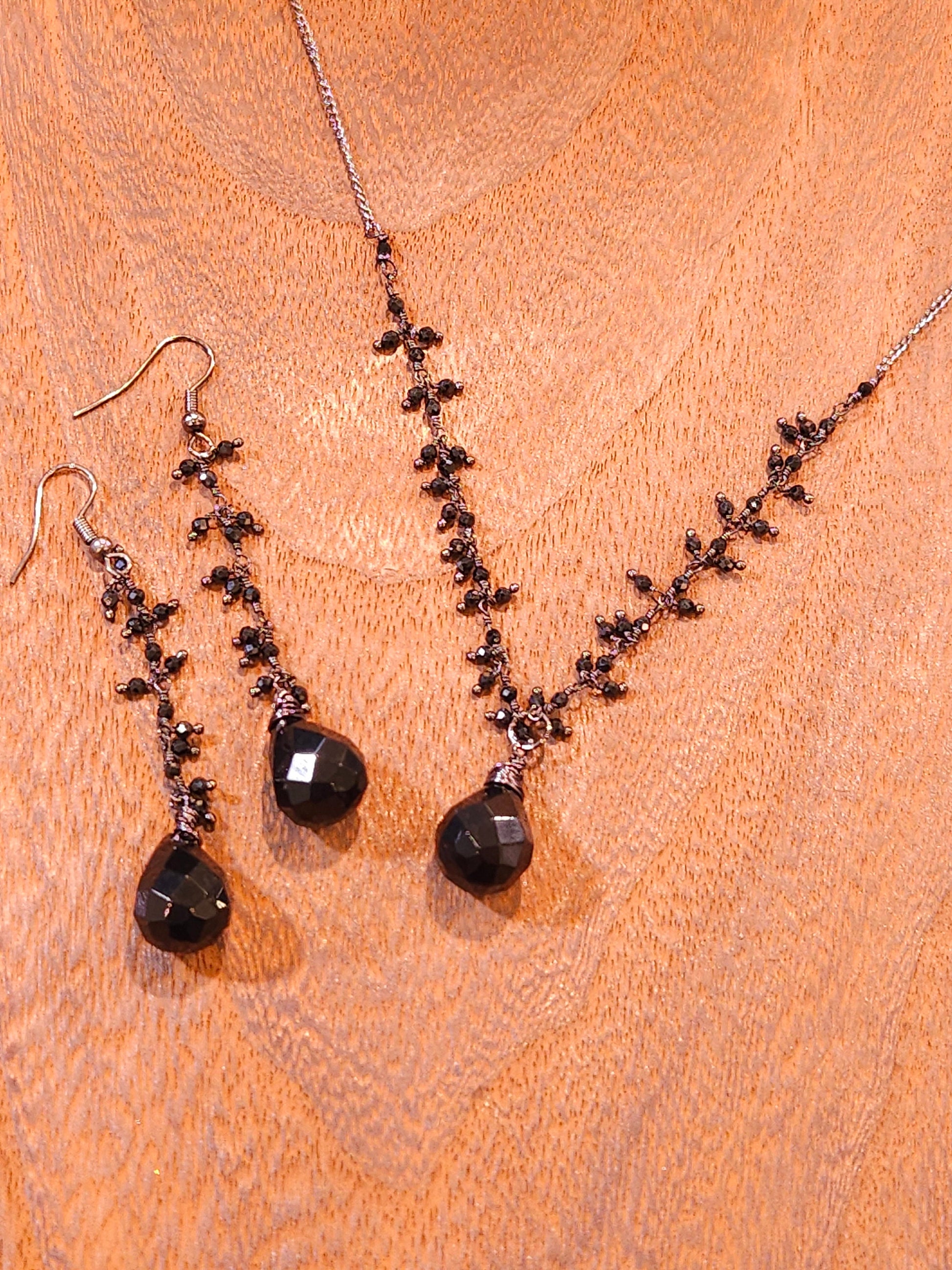 Black Onyx Teardrop Dangling with Black Spinel Clusters Wire Wrapped Necklace, Matching Earrings Jewelry Set Handmade Gift