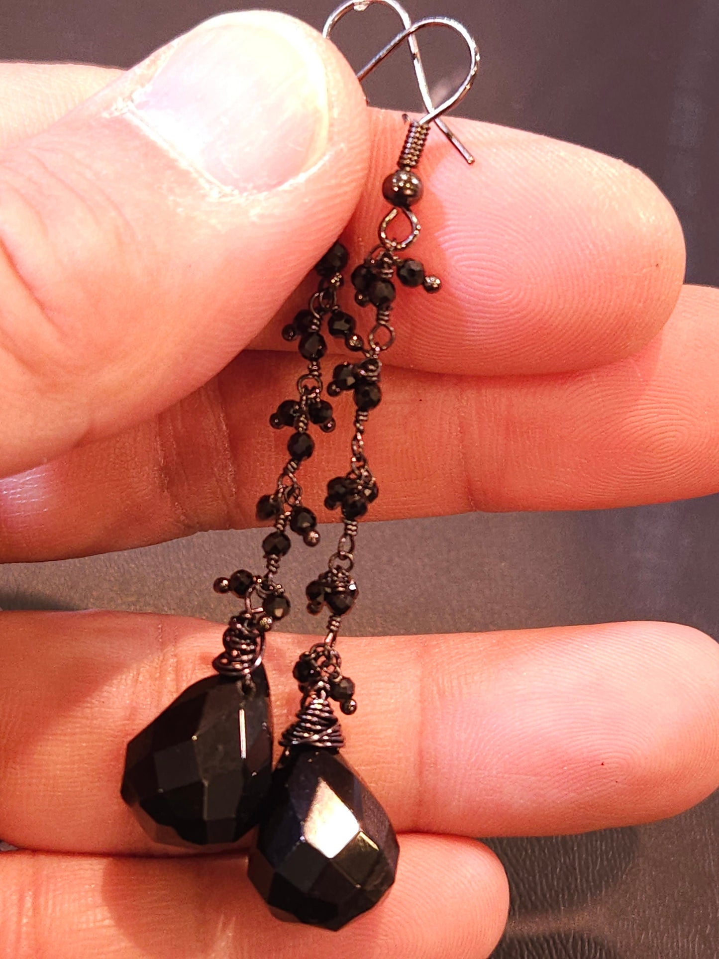 Black Onyx Teardrop Dangling with Black Spinel Clusters Wire Wrapped Necklace, Matching Earrings Jewelry Set Handmade Gift