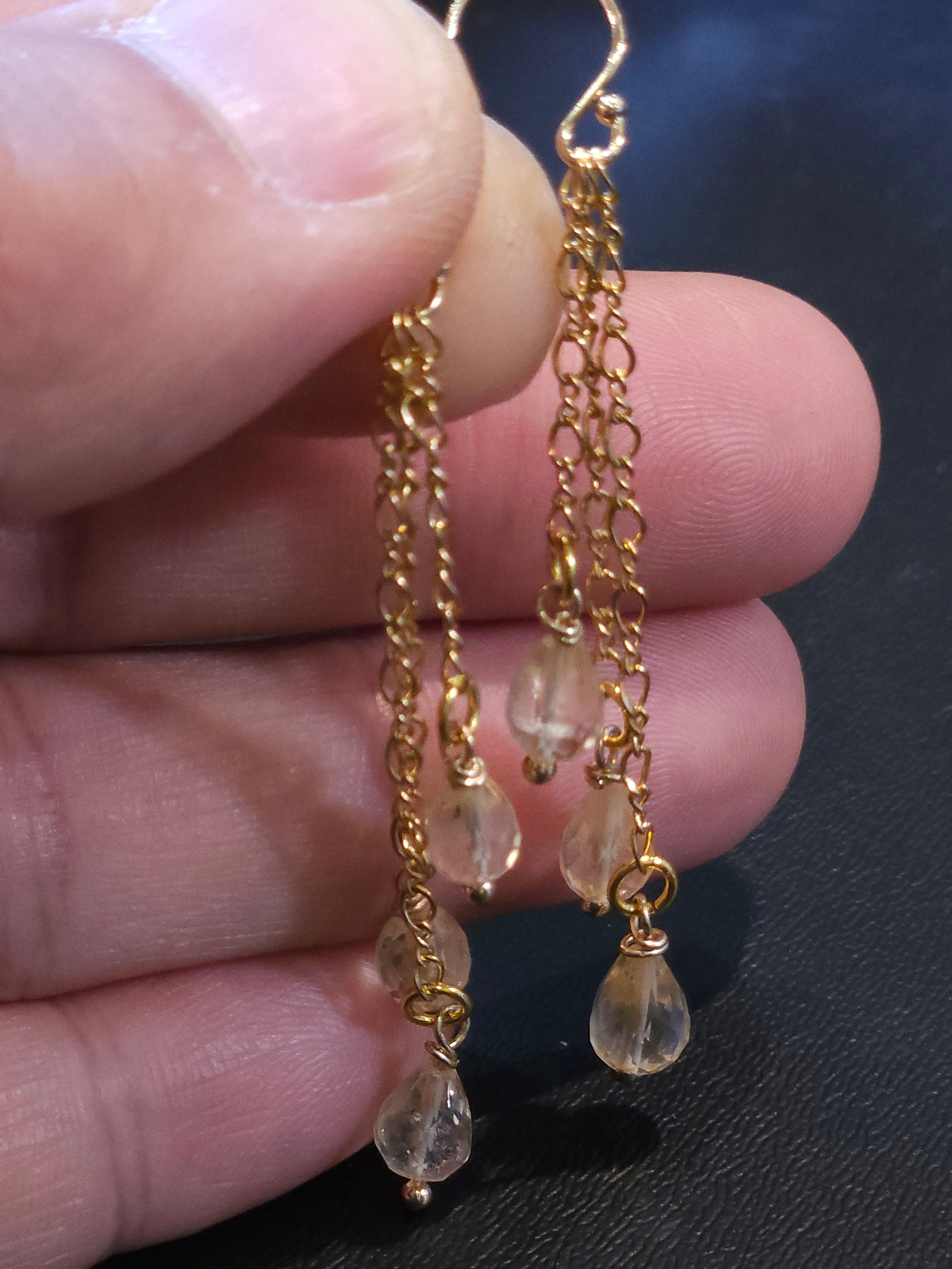 Genuine Citrine Faceted 3 Drop Dangling Wire Wrapped 5x7mm Drop, 14K Gold Filled Chain and Hook Earrings