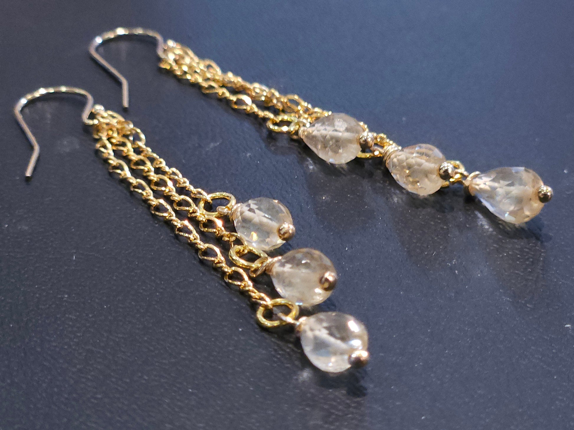 Genuine Citrine Faceted 3 Drop Dangling Wire Wrapped 5x7mm Drop, 14K Gold Filled Chain and Hook Earrings