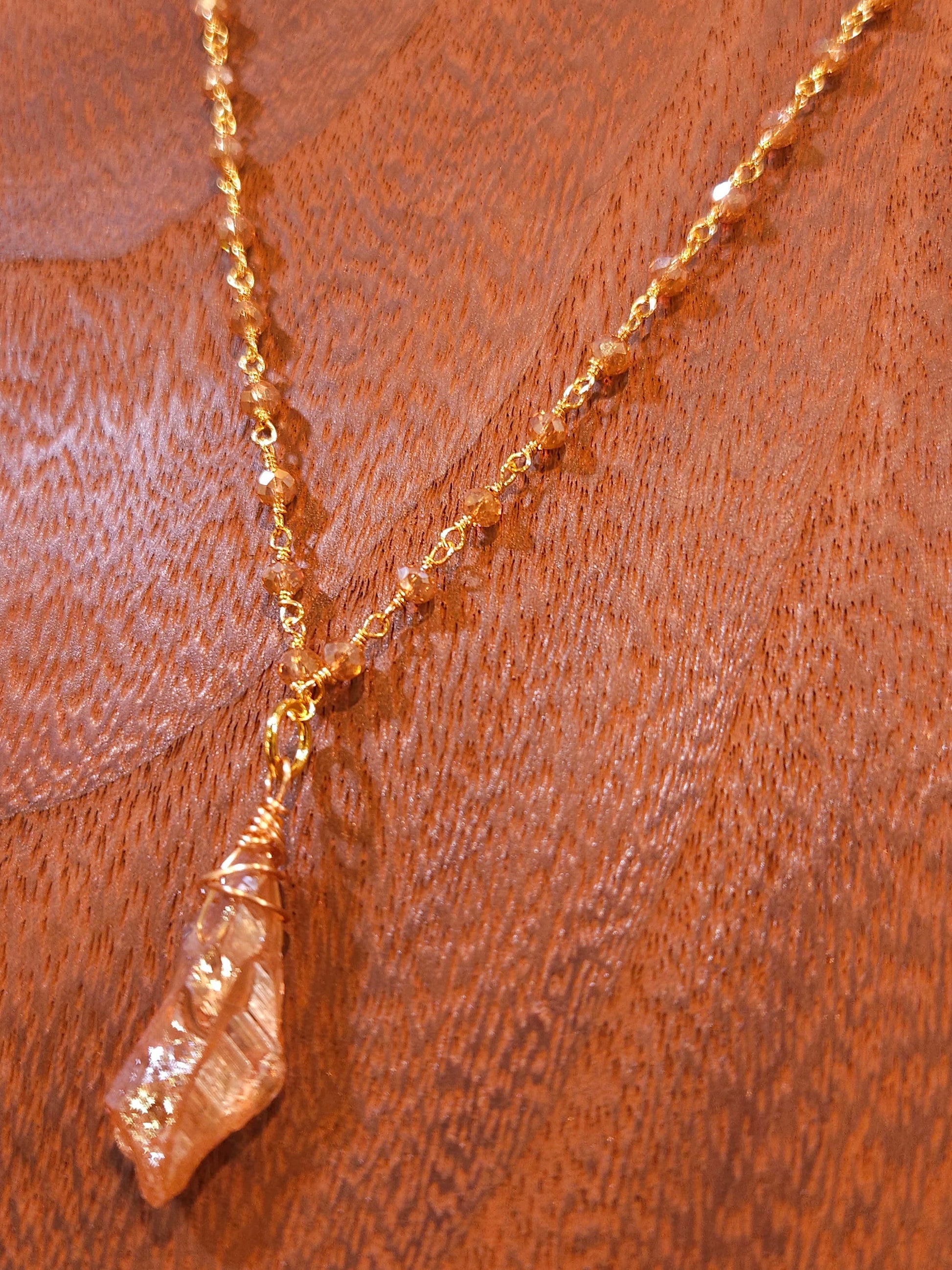 Natural Citrine Raw Druzy Gold with matching Crystal Wire Wrapped Chain Necklace
