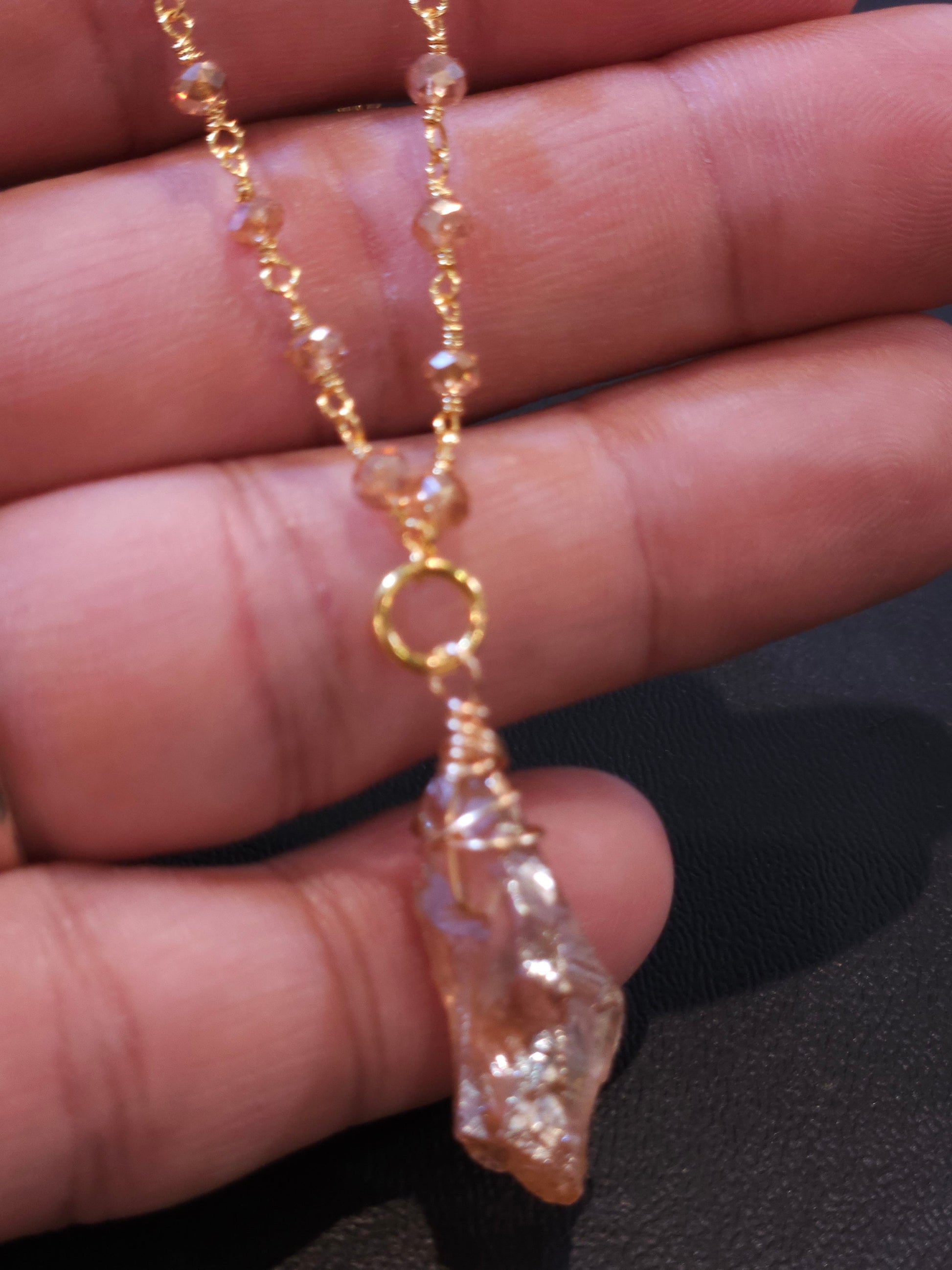 Natural Citrine Raw Druzy Gold with matching Crystal Wire Wrapped Chain Necklace