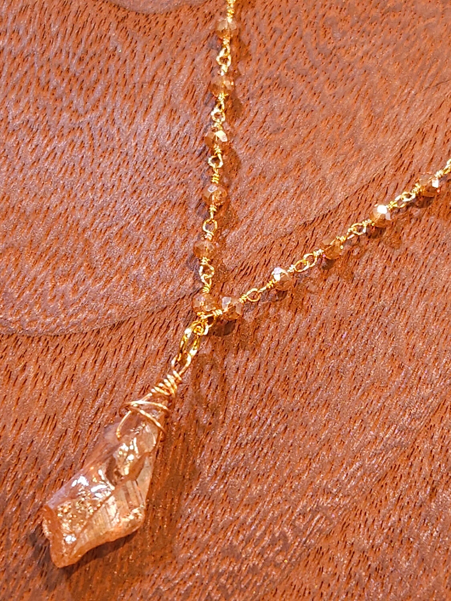 Natural Citrine Raw Druzy Gold with matching Crystal Wire Wrapped Chain Necklace