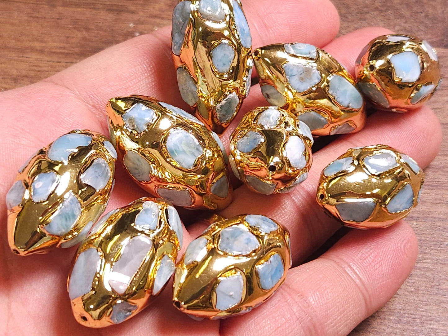 Natural Dominican Larimat Oval inlaid Pave bead 18x36mm oval focal bead, 14K Gold Plated, 1 piece