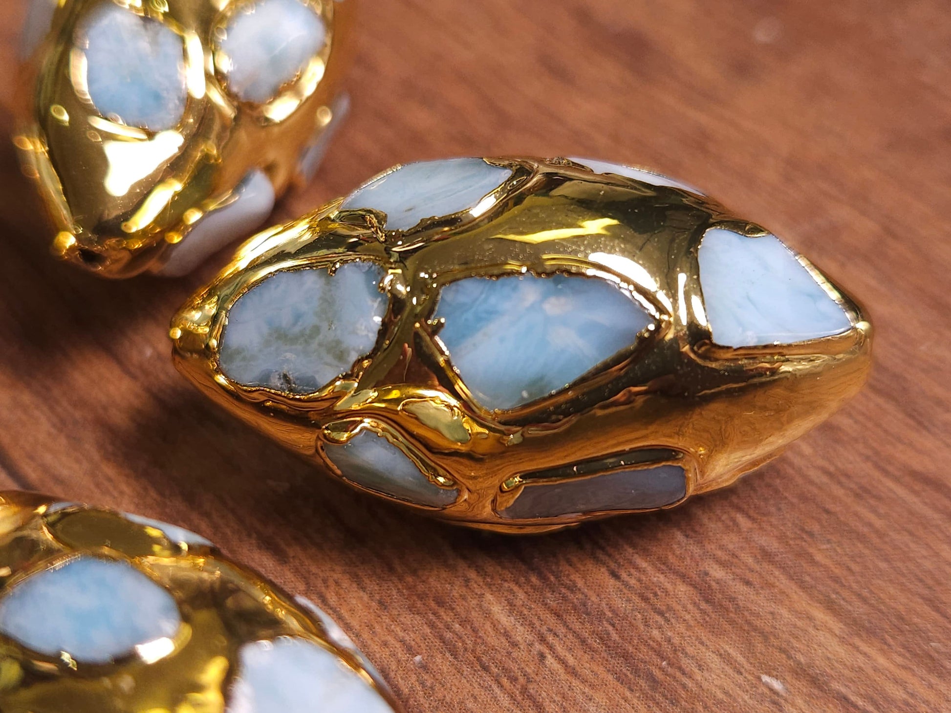 Natural Dominican Larimar Oval inlaid Pave bead 18x36mm oval focal bead, 14K Gold Plated, 1 piece