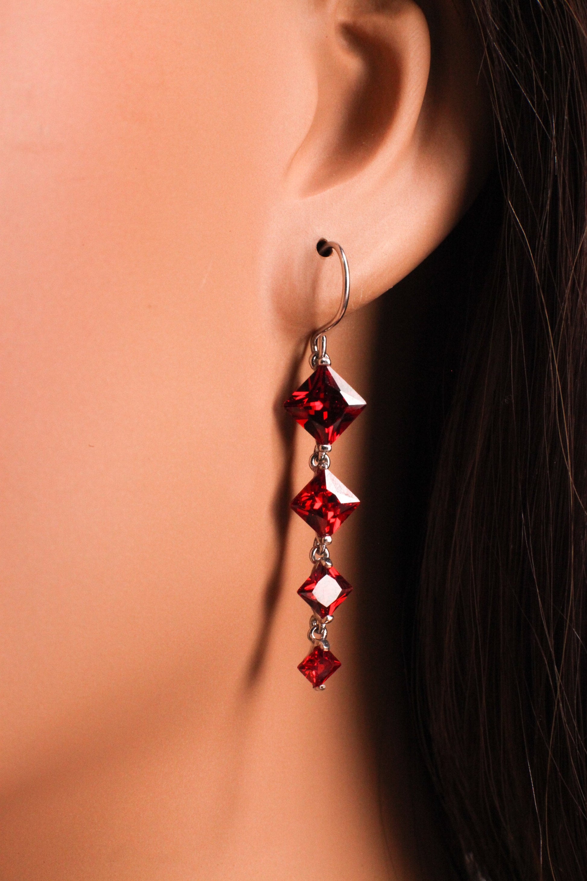 Genuine Garnet Merlot Red Long Square drop dangling Earrings, Bridal, Boho, valentines Holiday Gift, 1.5” long