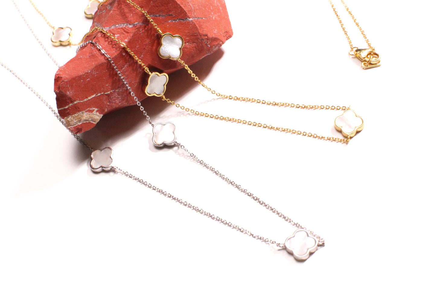 925 Sterling Silver White Mother of Pearl Double Sided four leaf Flower charm 8.5mm long necklace, charm 7 pcs 30” MOP necklace