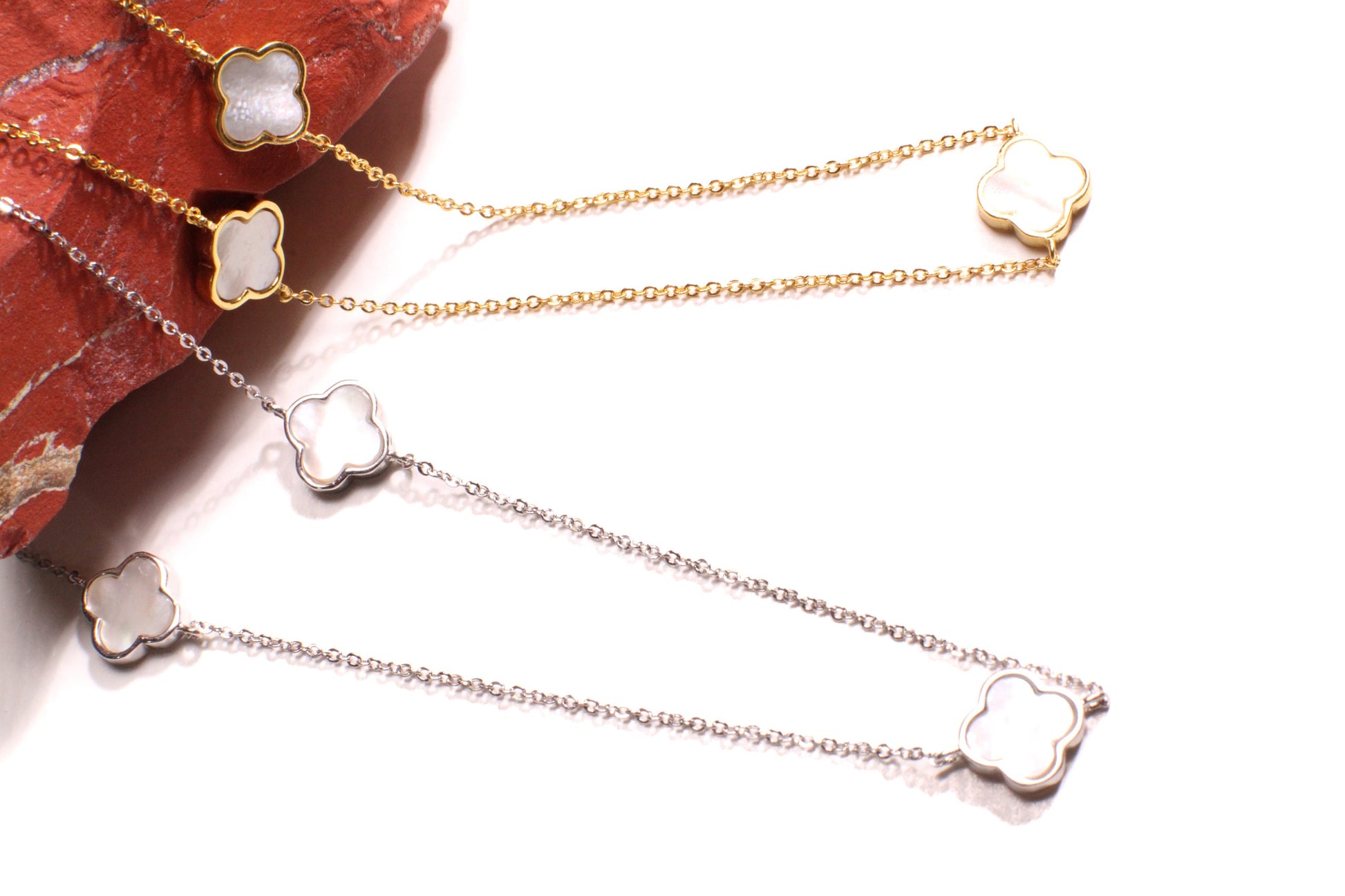 925 Sterling Silver White Mother of Pearl Double Sided four leaf Flower charm 8.5mm long necklace, charm 7 pcs 30” MOP necklace