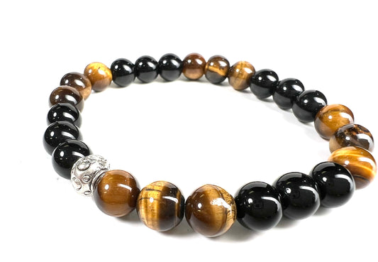 Tiger Eye with brown with Black Onyx 8mm smooth round AAA quality beaded Crystal Stretchy Bracelet. Man’s gift