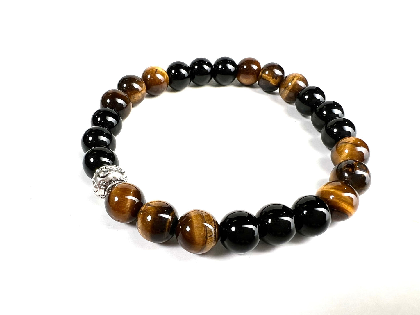 Tiger Eye with brown with Black Onyx 8mm smooth round AAA quality beaded Crystal Stretchy Bracelet. Man’s gift