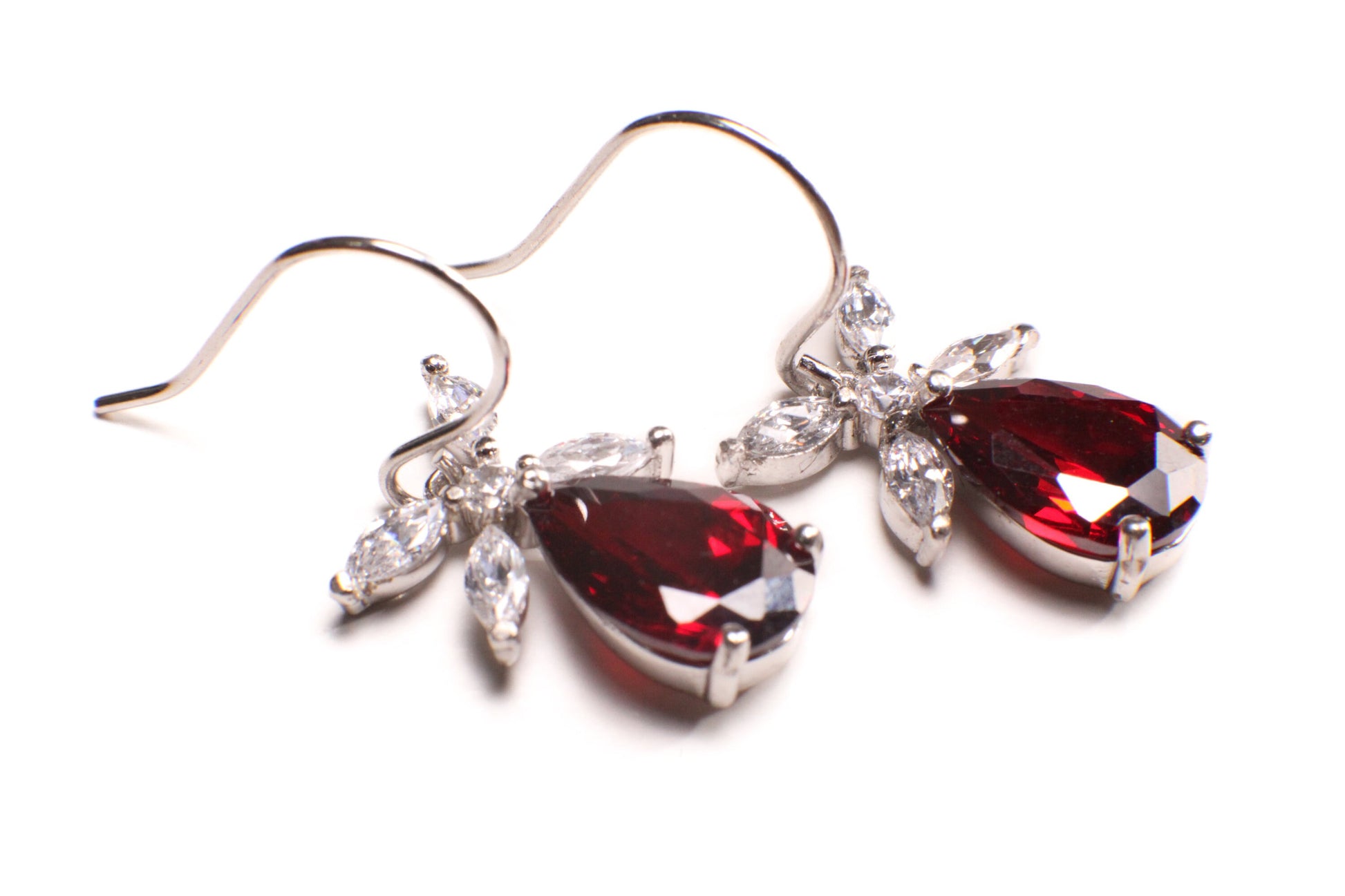 925 Sterling Silver Garnet Teadrop 8x12mm dangling on Cubic Zirconia Flower French Hook Earring, 925 stamped, gift for her