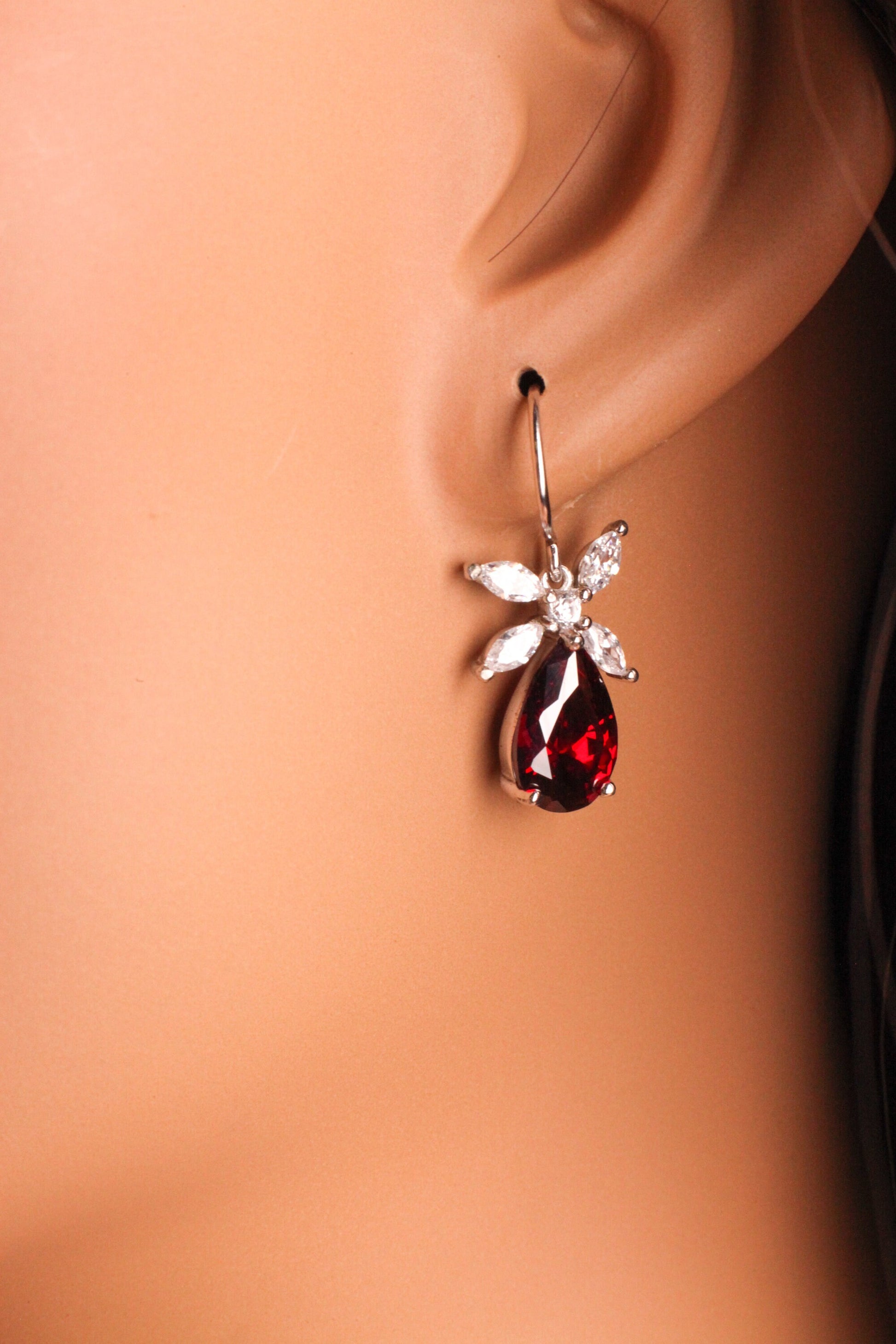 925 Sterling Silver Garnet Teadrop 8x12mm dangling on Cubic Zirconia Flower French Hook Earring, 925 stamped, gift for her