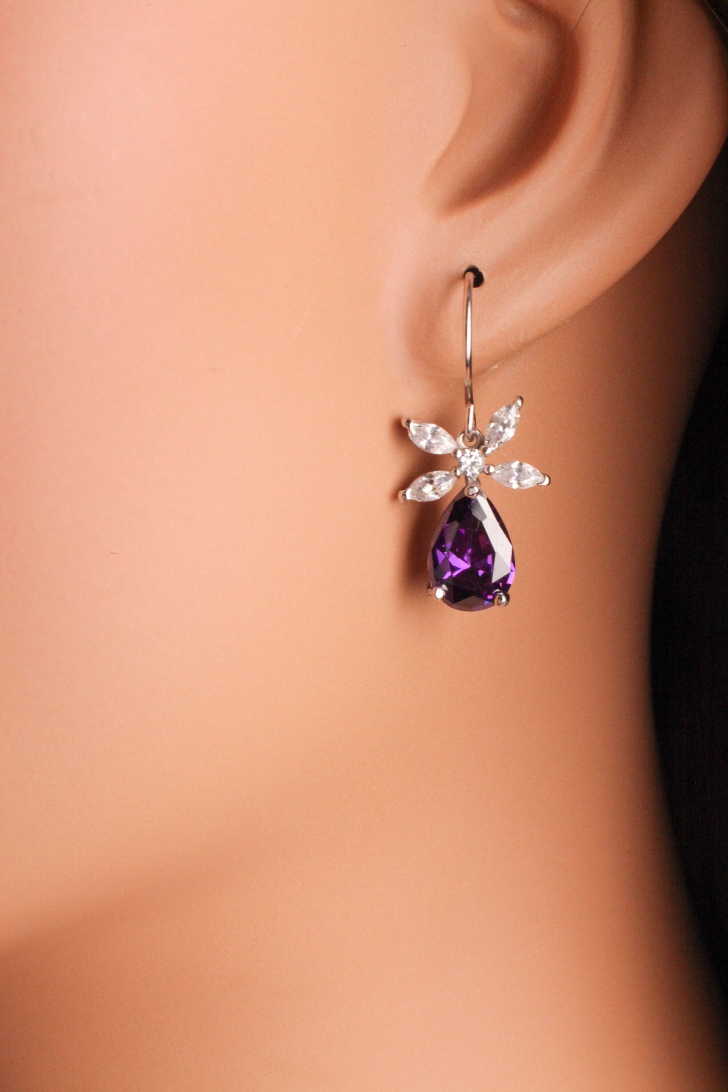 925 Sterling Silver Amethyst Teadrop 8x12mm dangling on CZ diamond Flower French Hook Earring, 925 stamped, gift for her