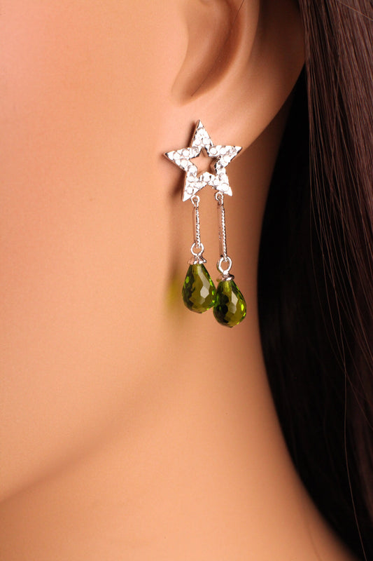 Genuine Peridot Briolette 6x11mm Post Earrings in 925 Sterling Silver Cubic Zirconia, Precious Gift for her, 925 Stamped