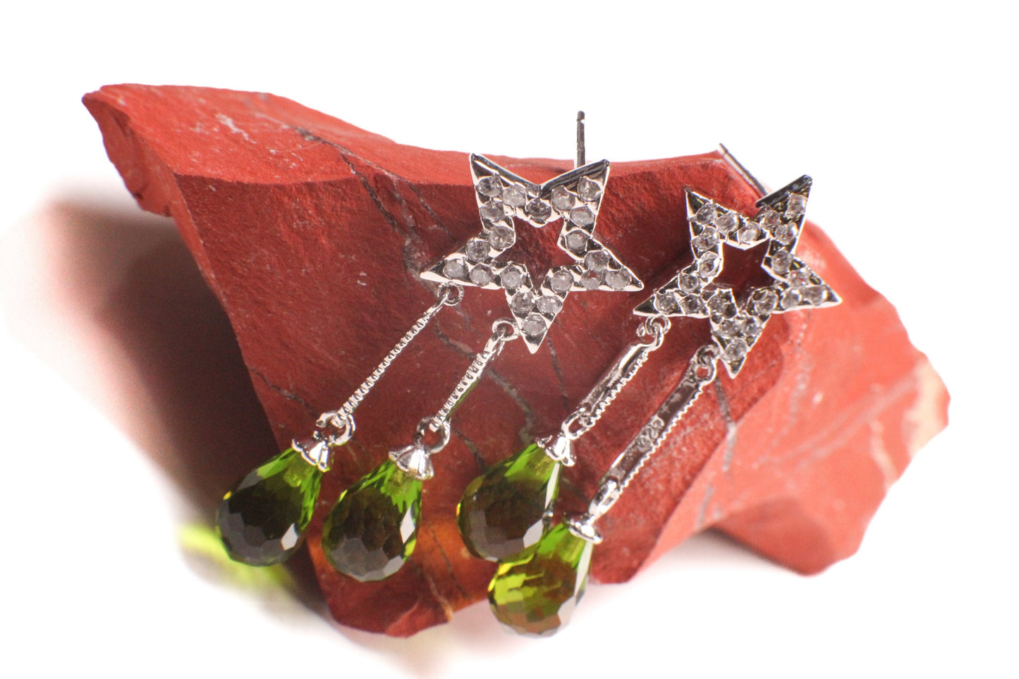 Genuine Peridot Briolette 6x11mm Post Earrings in 925 Sterling Silver Cubic Zirconia, Precious Gift for her, 925 Stamped