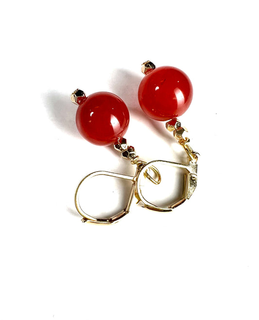 Natural Carnelian Red 10mm smooth round gold leverback earring, handmade gift