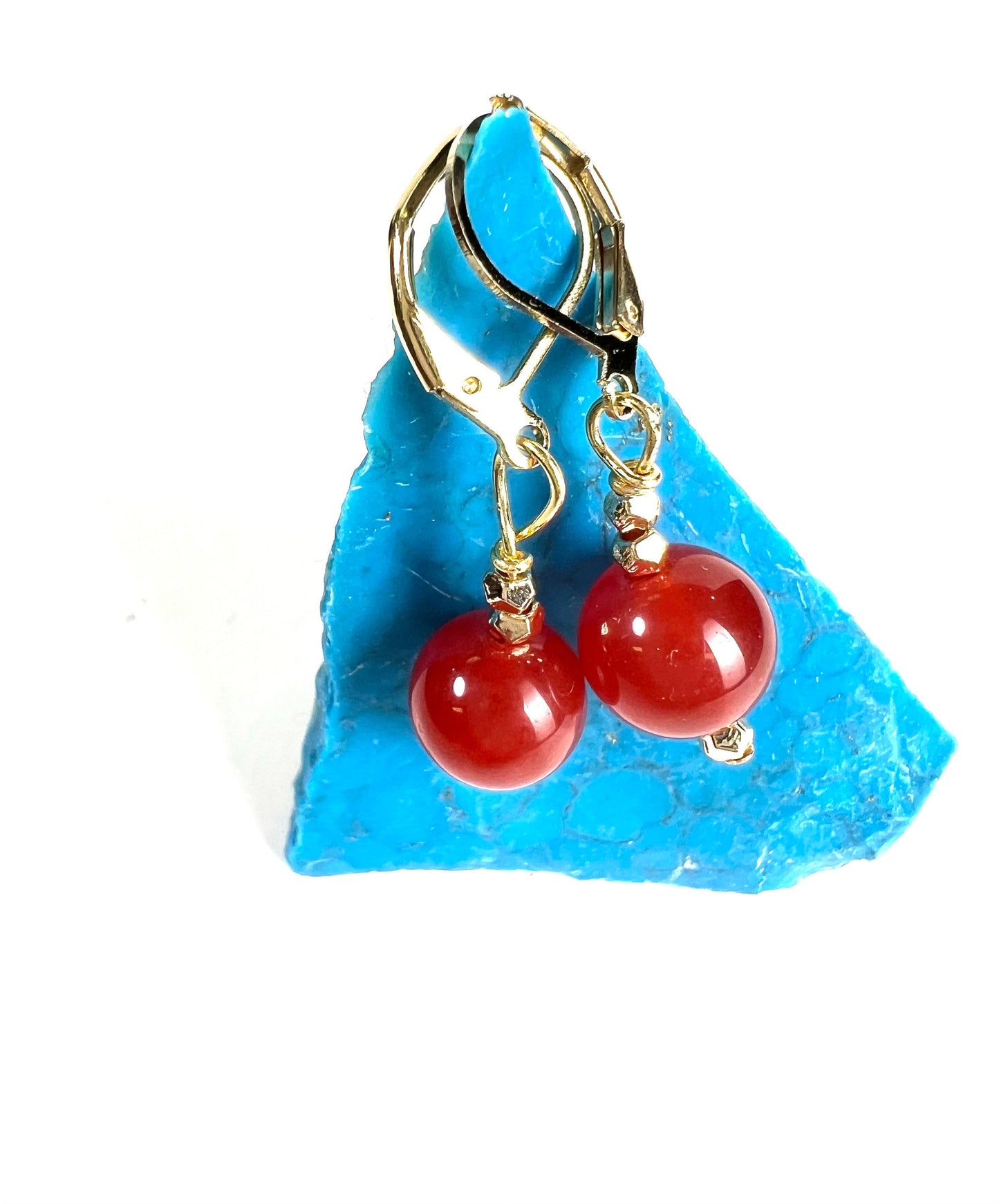 Natural Carnelian Red 10mm smooth round gold leverback earring, handmade gift